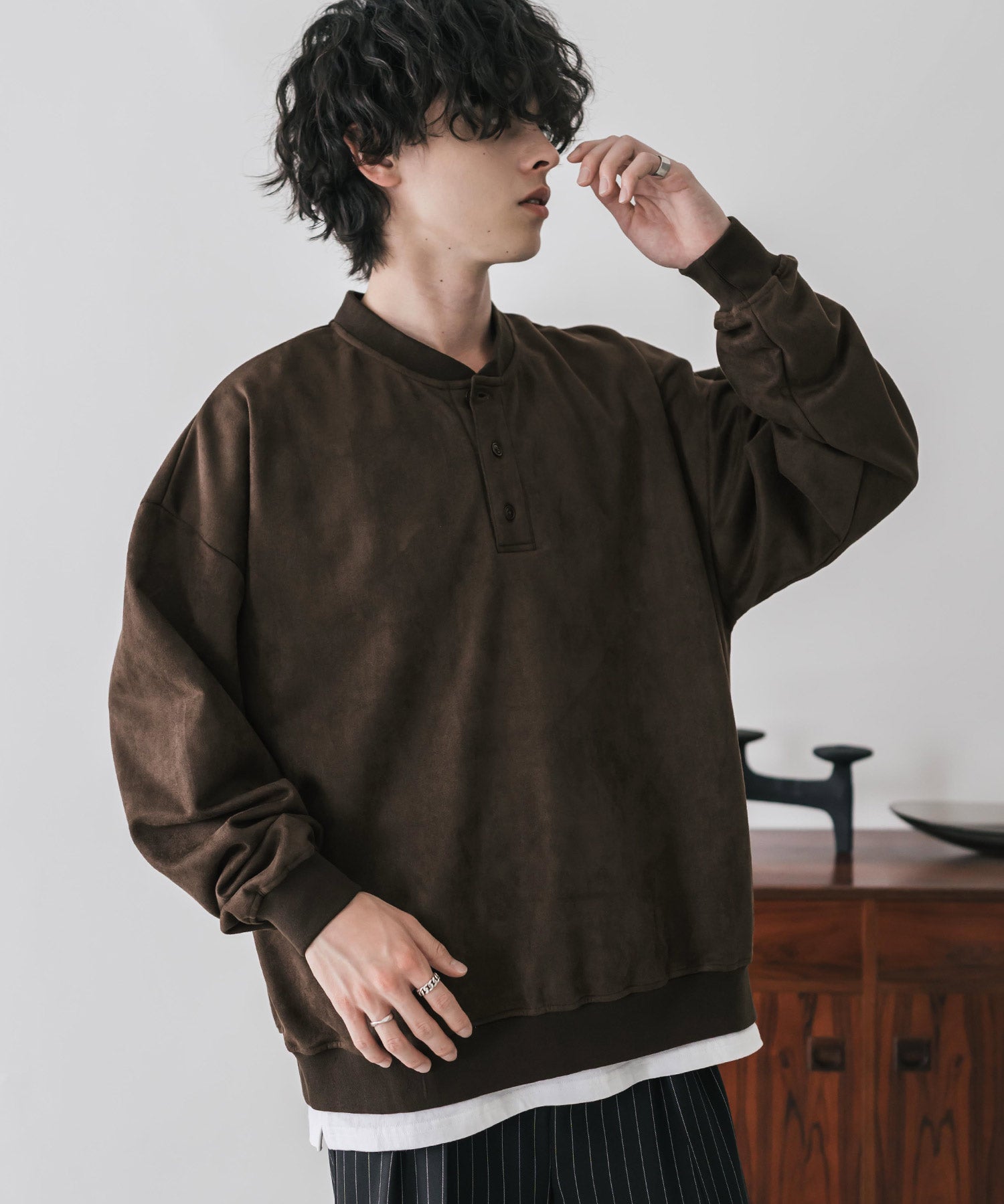 カットコーデュロイ・スエード長袖ヘンリーネックTシャツ/トレーナー 16152