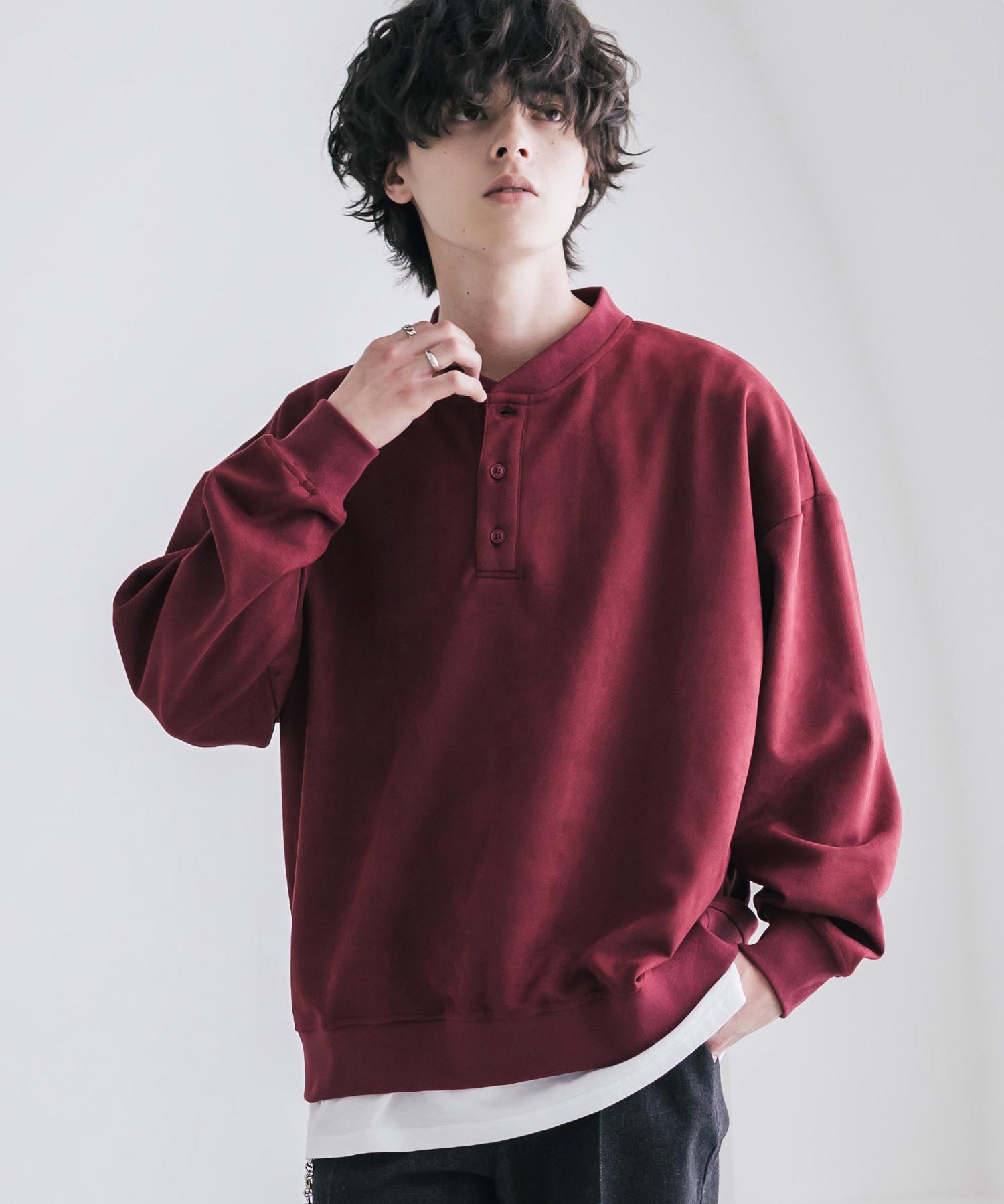 カットコーデュロイ・スエード長袖ヘンリーネックTシャツ/トレーナー 16152