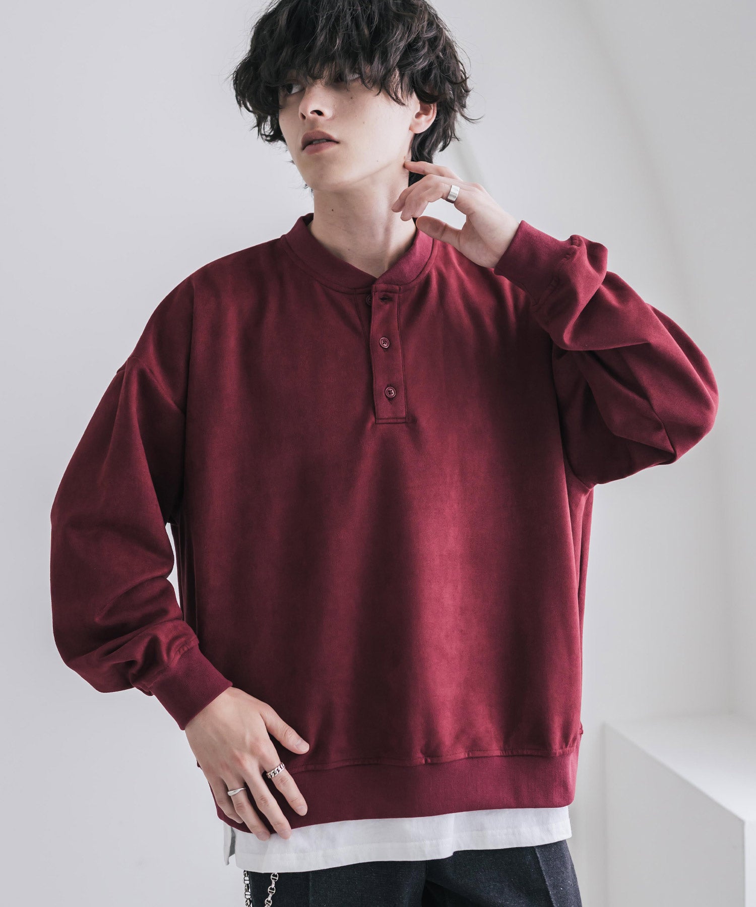 カットコーデュロイ・スエード長袖ヘンリーネックTシャツ/トレーナー 16152