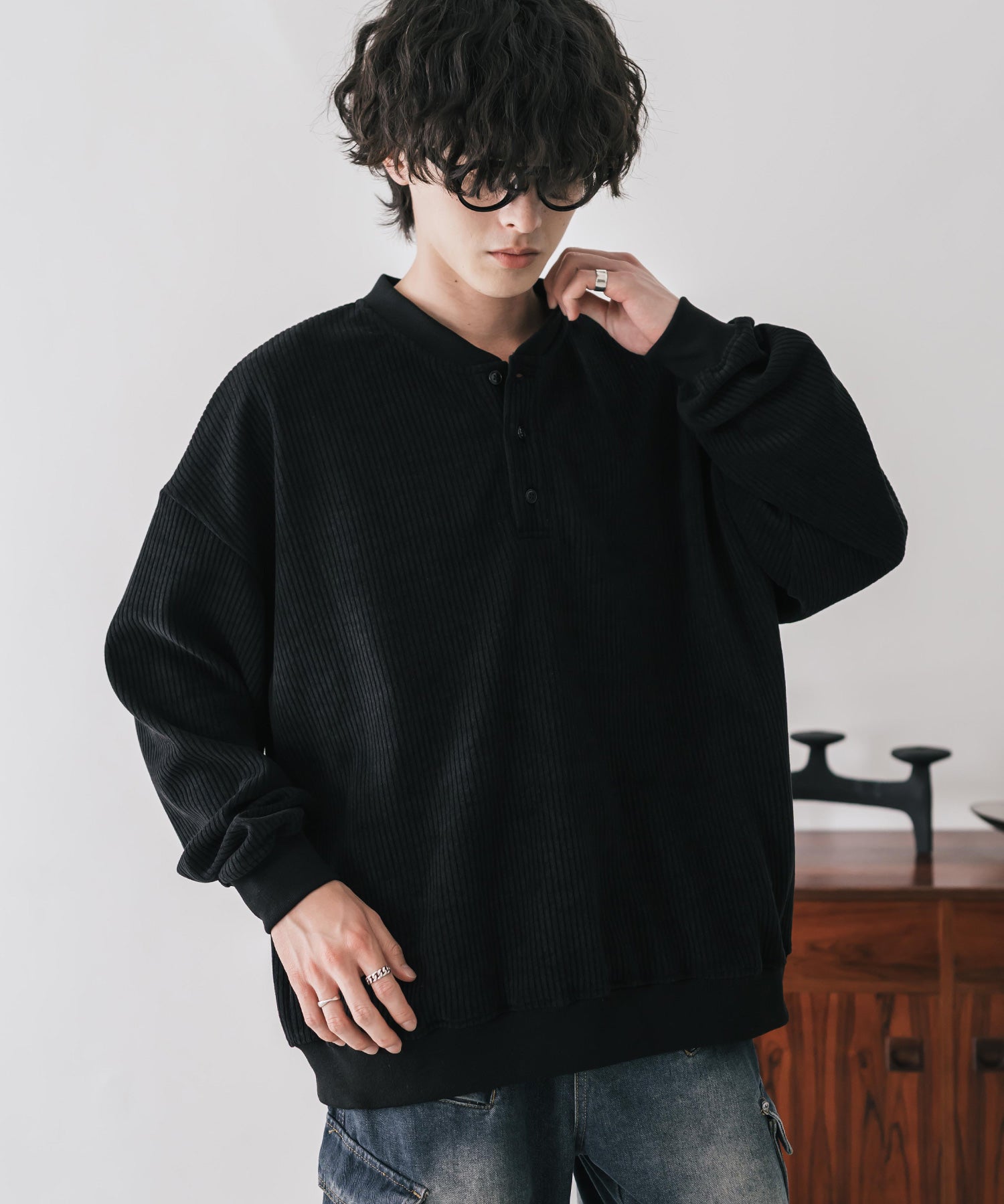 カットコーデュロイ・スエード長袖ヘンリーネックTシャツ/トレーナー 16152