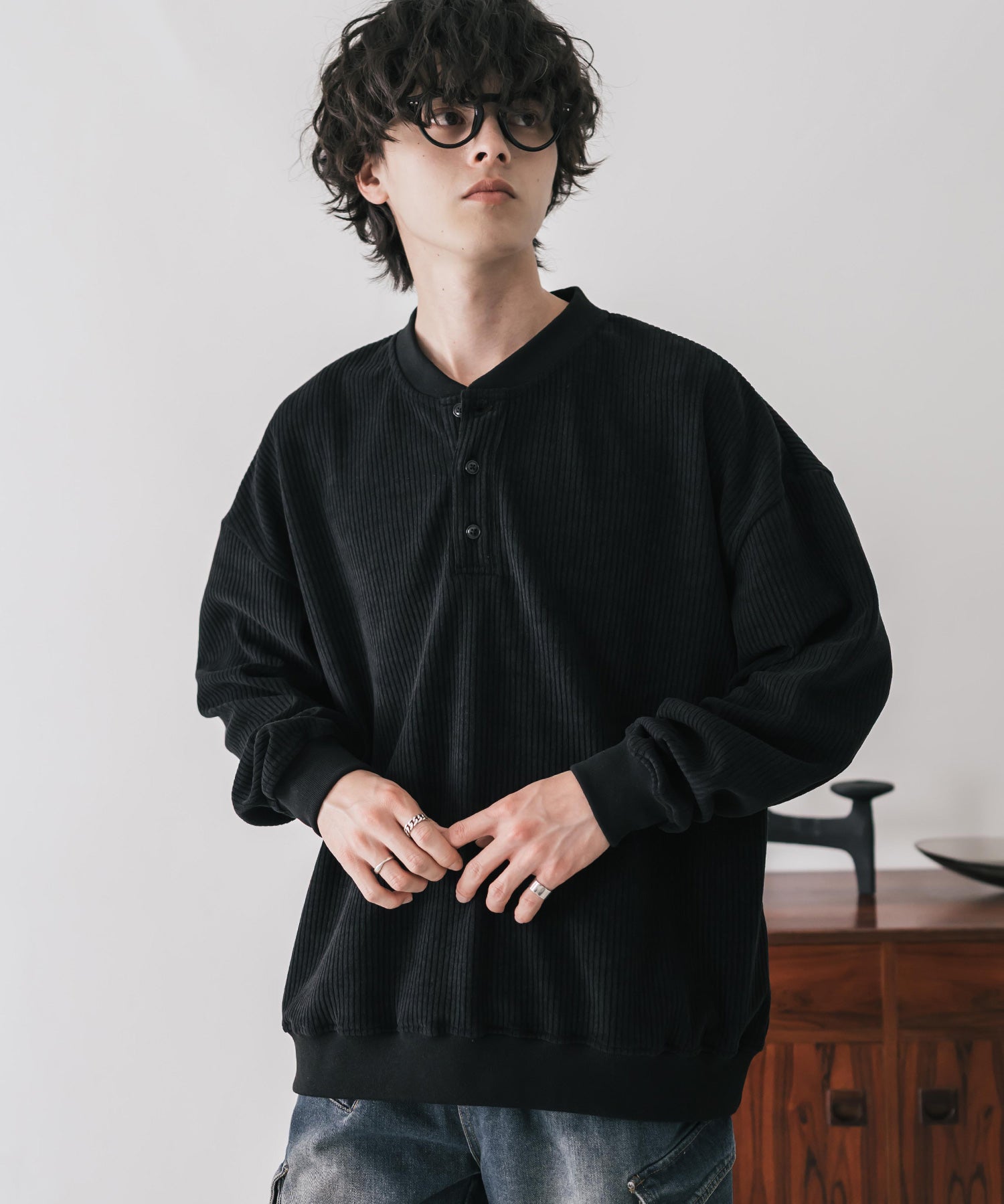 カットコーデュロイ・スエード長袖ヘンリーネックTシャツ/トレーナー 16152