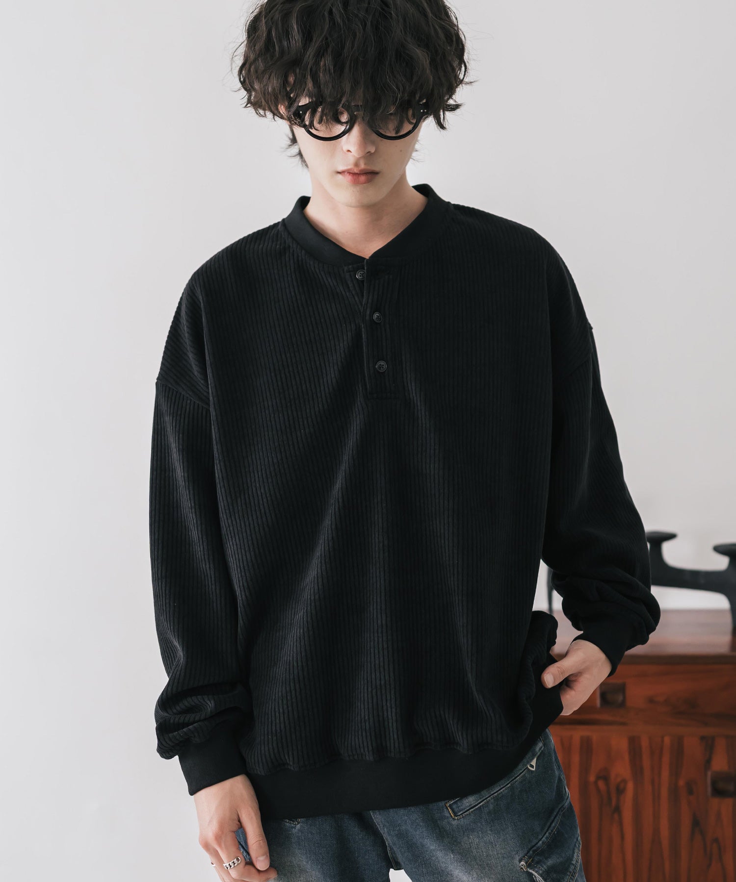 カットコーデュロイ・スエード長袖ヘンリーネックTシャツ/トレーナー 16152