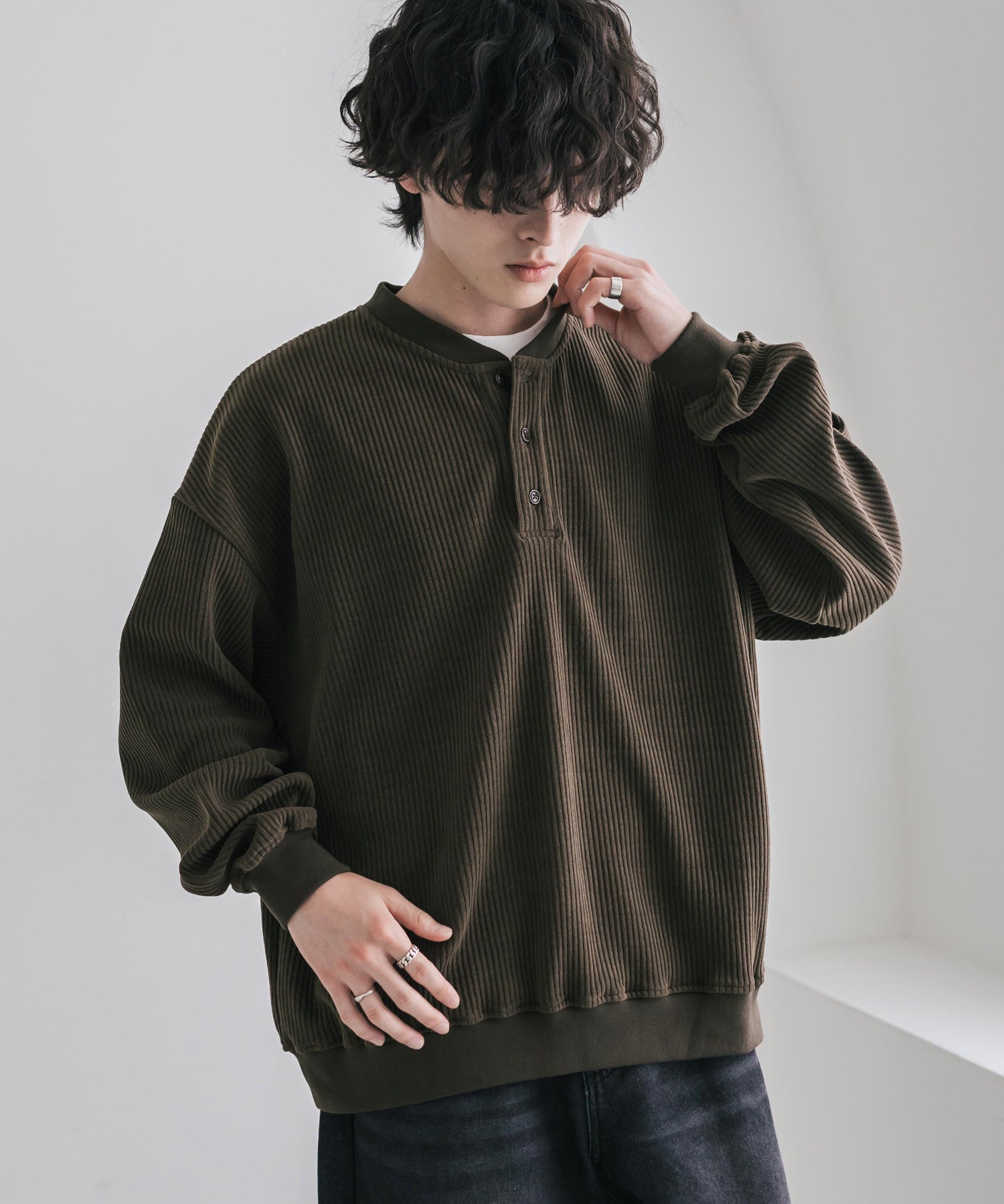 カットコーデュロイ・スエード長袖ヘンリーネックTシャツ/トレーナー 16152