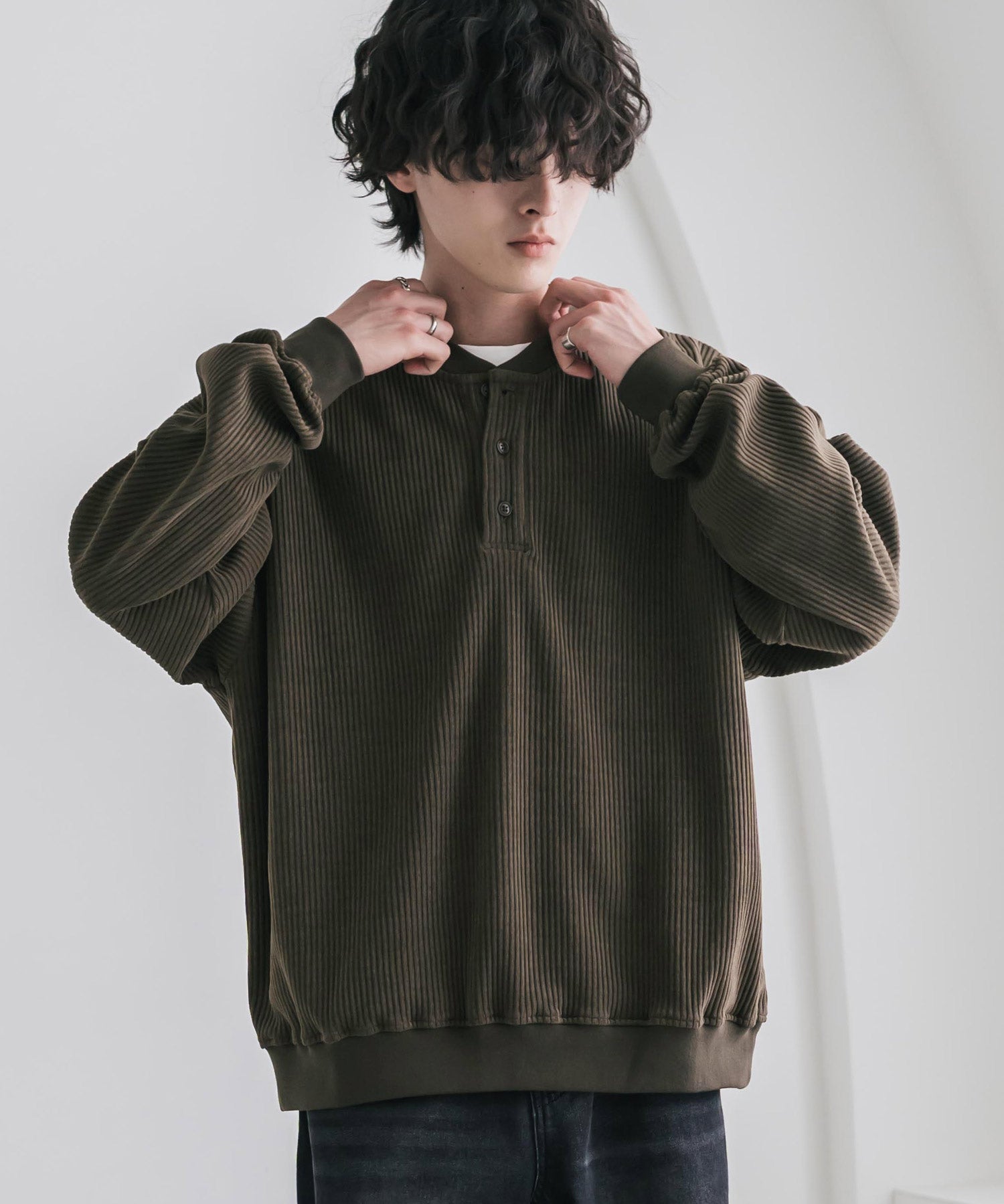 カットコーデュロイ・スエード長袖ヘンリーネックTシャツ/トレーナー 16152
