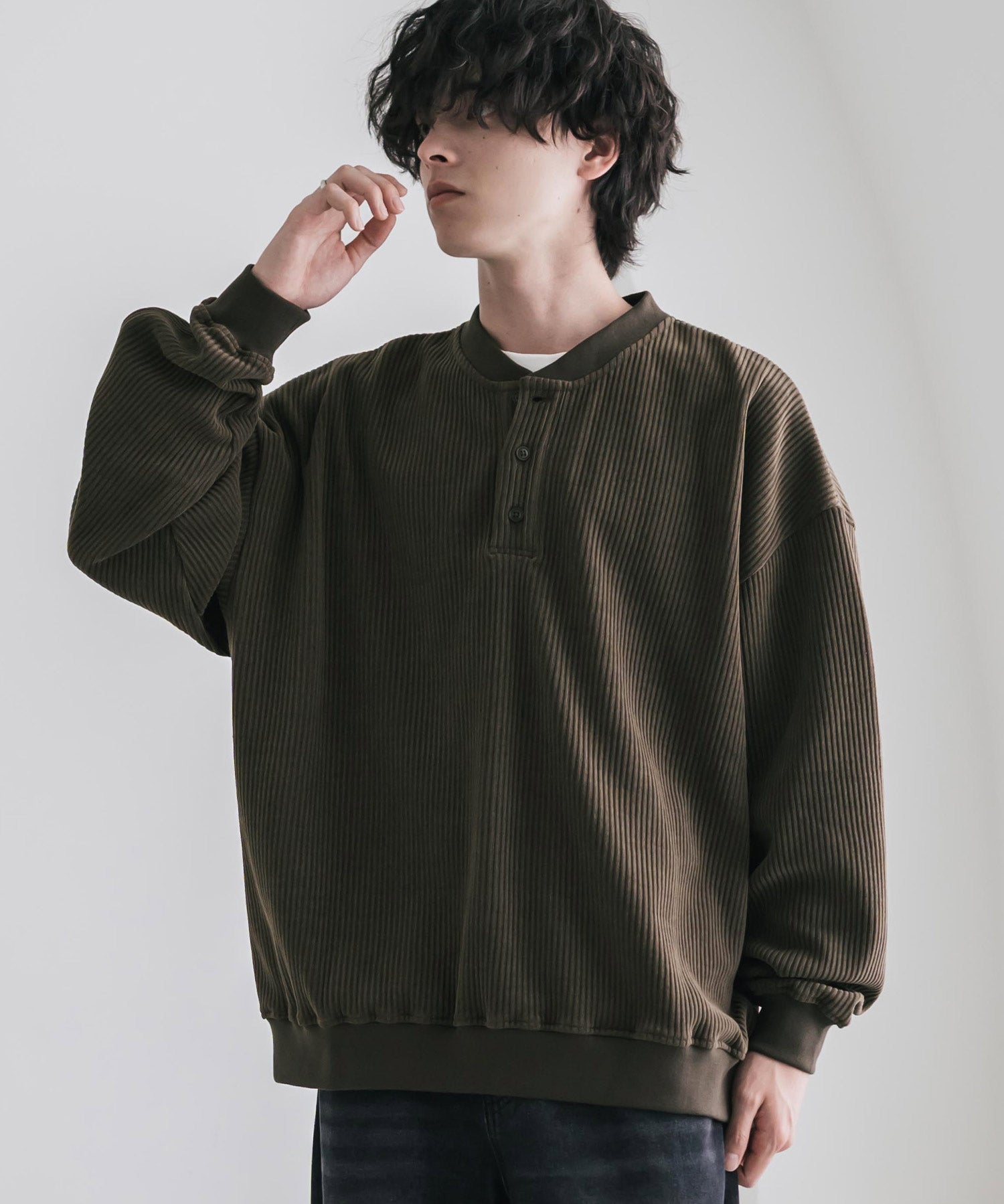 カットコーデュロイ・スエード長袖ヘンリーネックTシャツ/トレーナー 16152