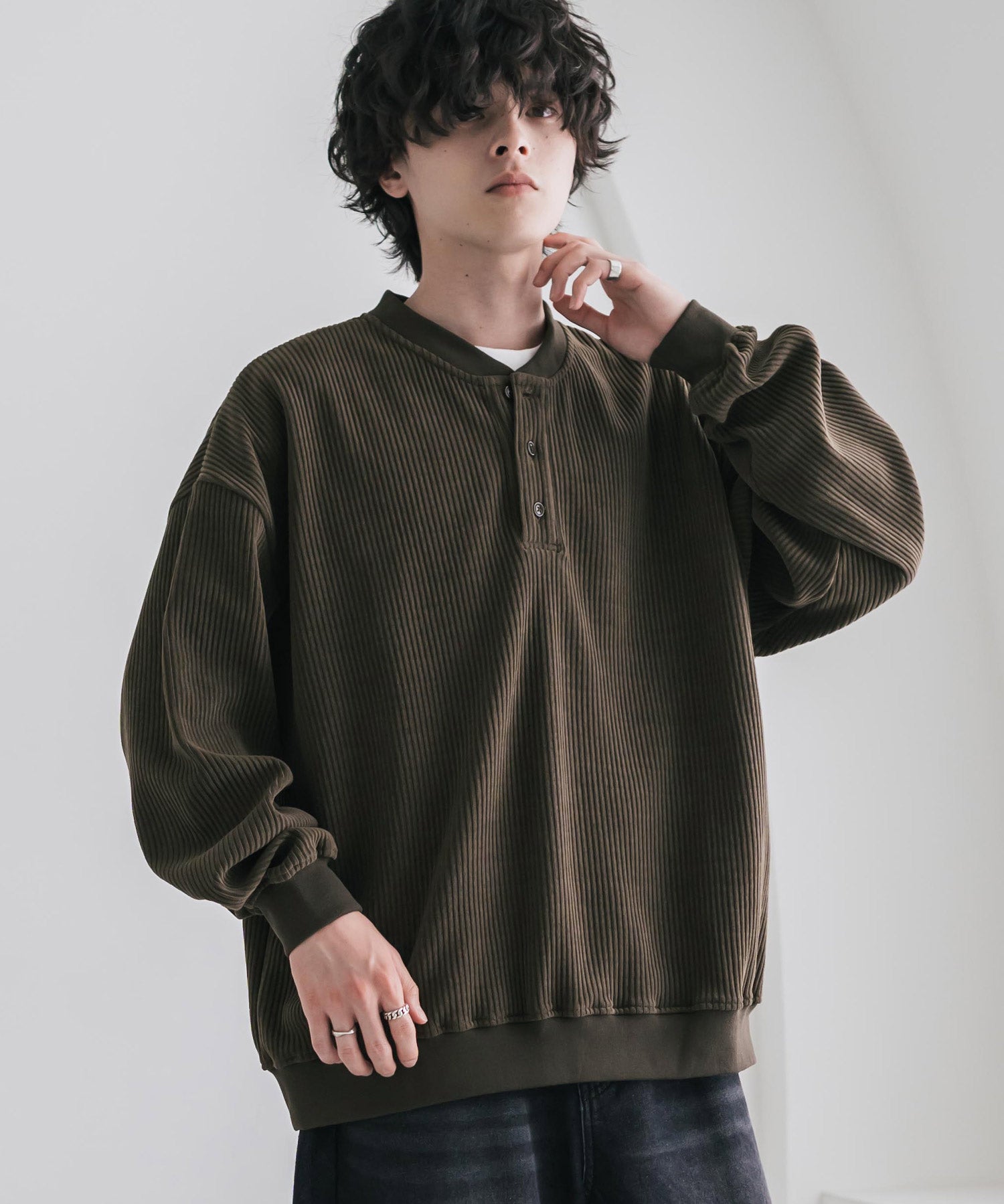 カットコーデュロイ・スエード長袖ヘンリーネックTシャツ/トレーナー 16152