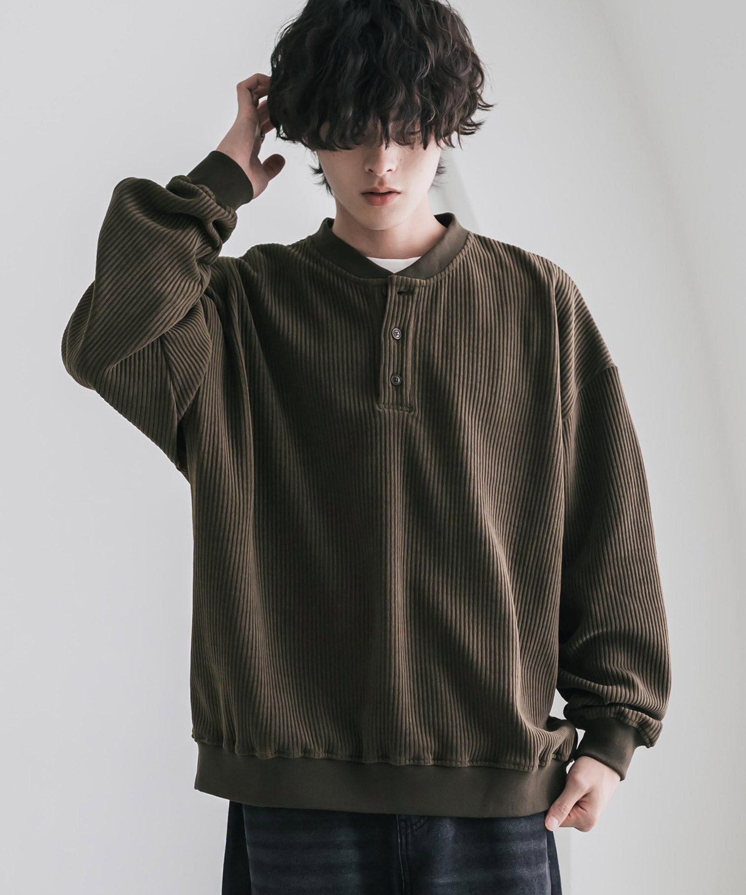 カットコーデュロイ・スエード長袖ヘンリーネックTシャツ/トレーナー 16152