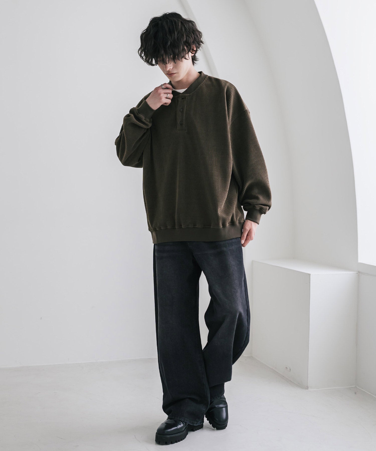 カットコーデュロイ・スエード長袖ヘンリーネックTシャツ/トレーナー 16152