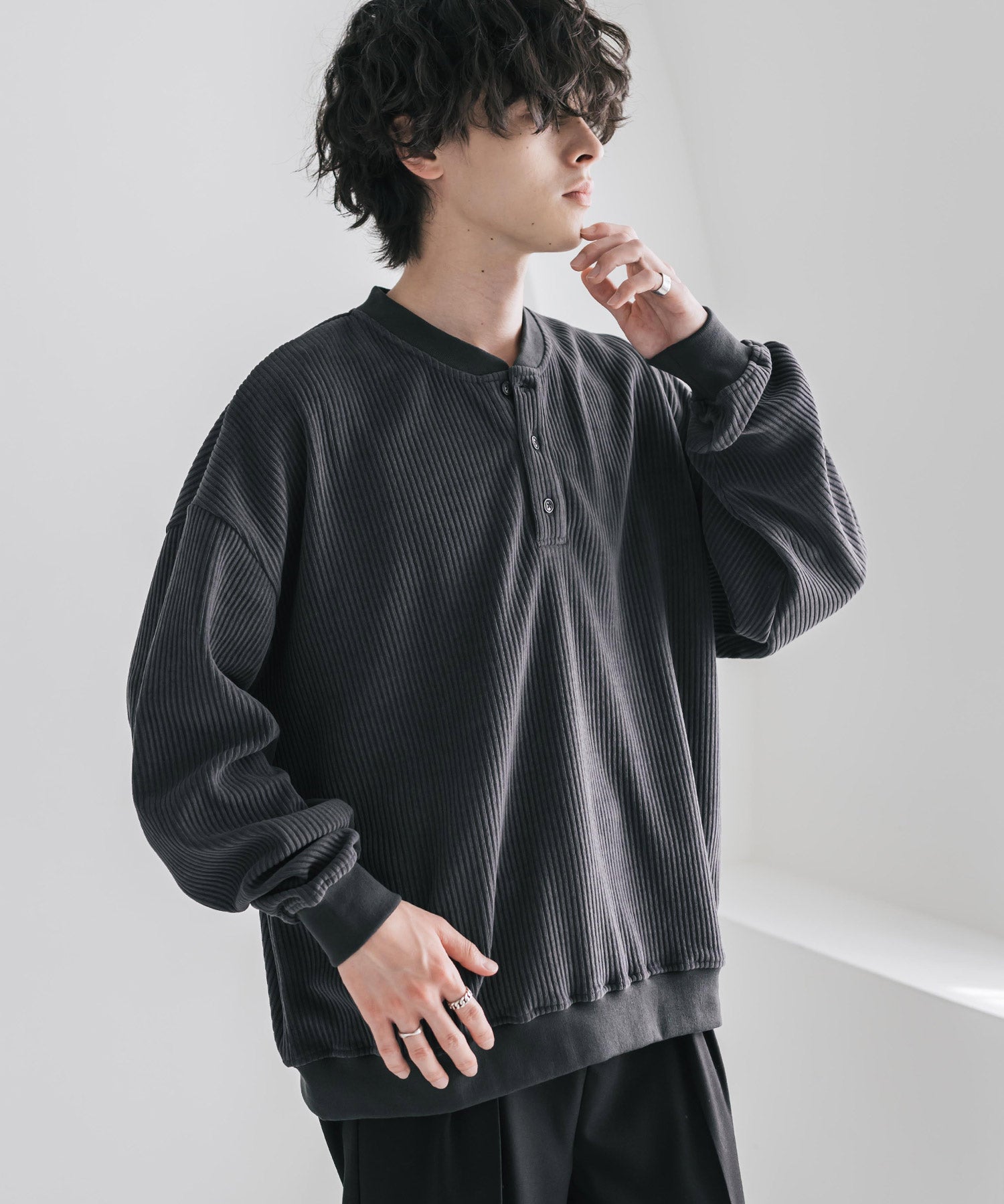 カットコーデュロイ・スエード長袖ヘンリーネックTシャツ/トレーナー 16152