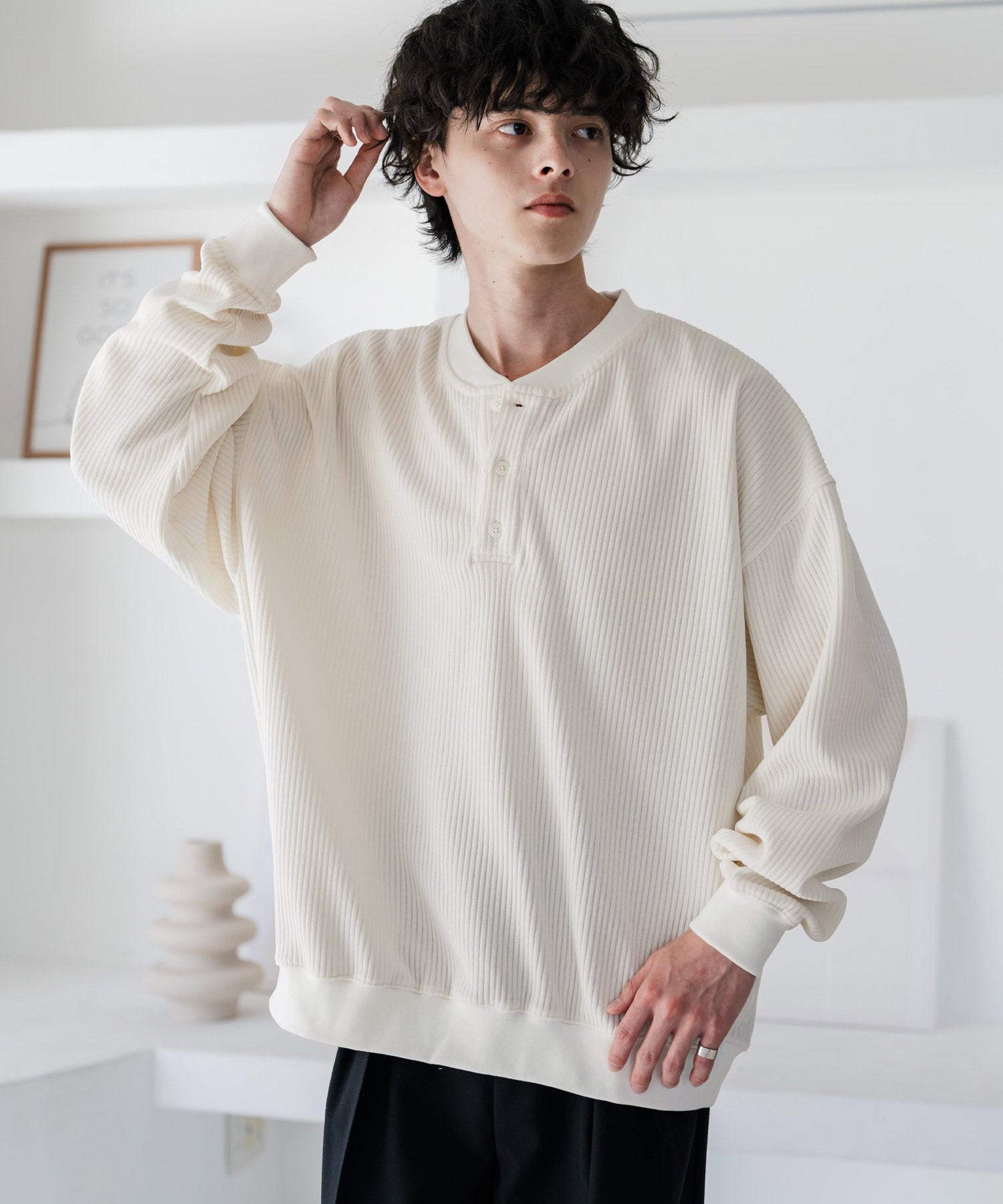 カットコーデュロイ・スエード長袖ヘンリーネックTシャツ/トレーナー 16152