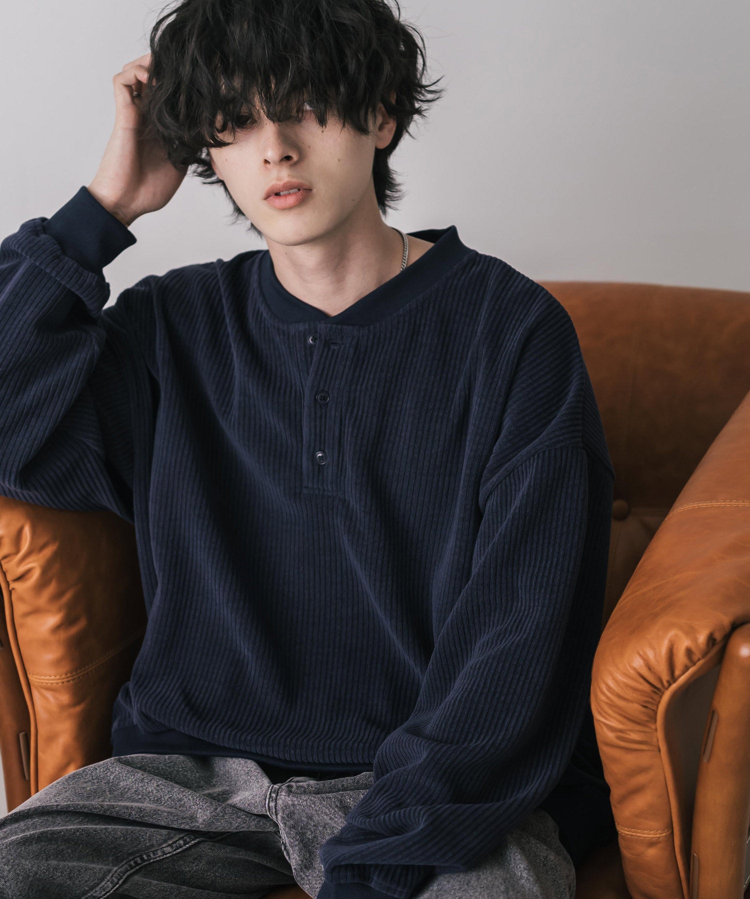 カットコーデュロイ・スエード長袖ヘンリーネックTシャツ/トレーナー 16152