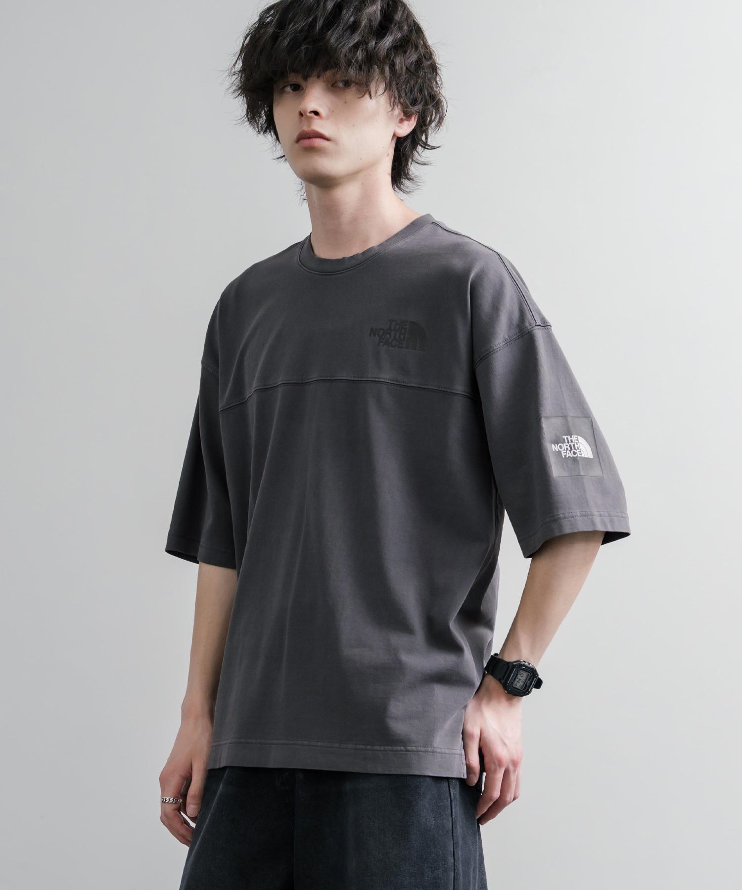TEE オーバーサイズステッチラインワンポイントロゴピグメント加工半袖Tシャツ 16163