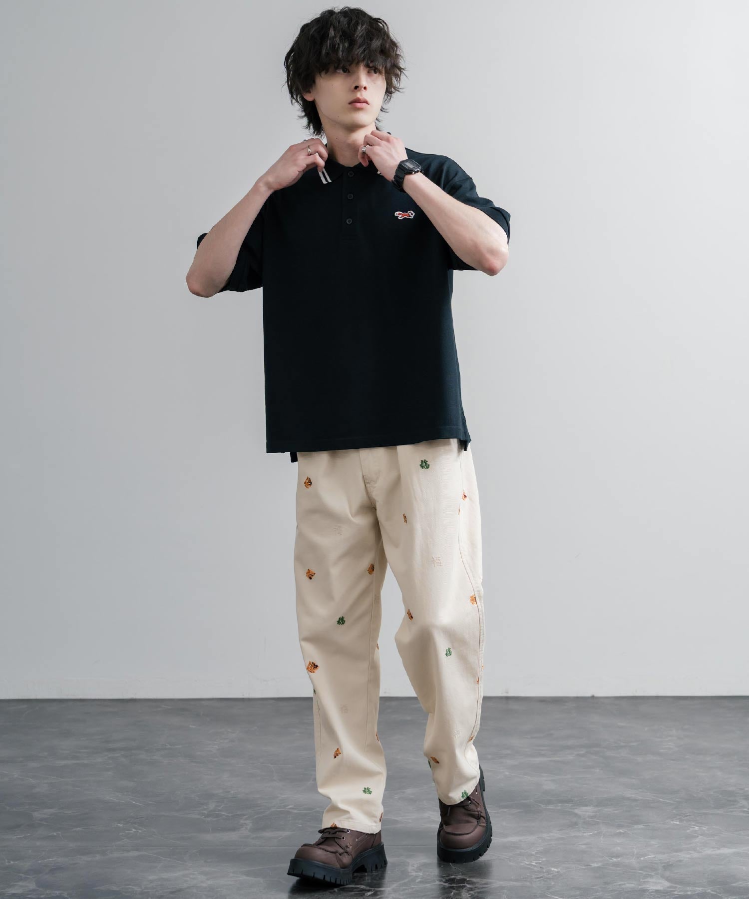 HOUSTON TWILL ALLOVER EMB EASY PANTS コットンツイル総柄刺繍イージーテーパードチノパンツ 16178