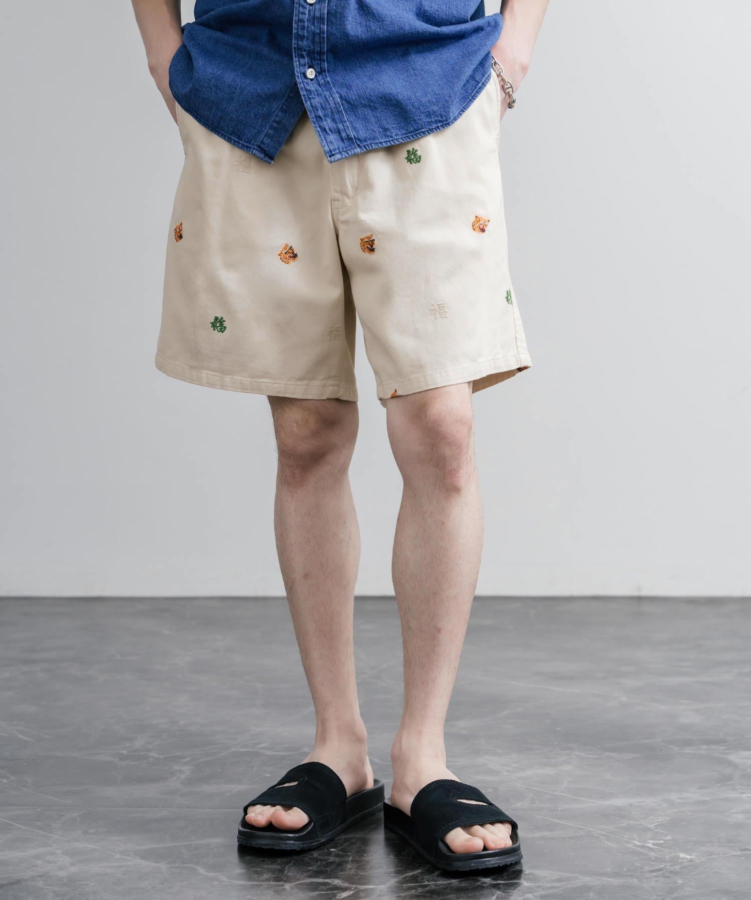 HOUSTON TWILL ALLOVER EMB EASY SHORTS コットンツイル総柄刺繍イージーワイドショートパンツ 16179