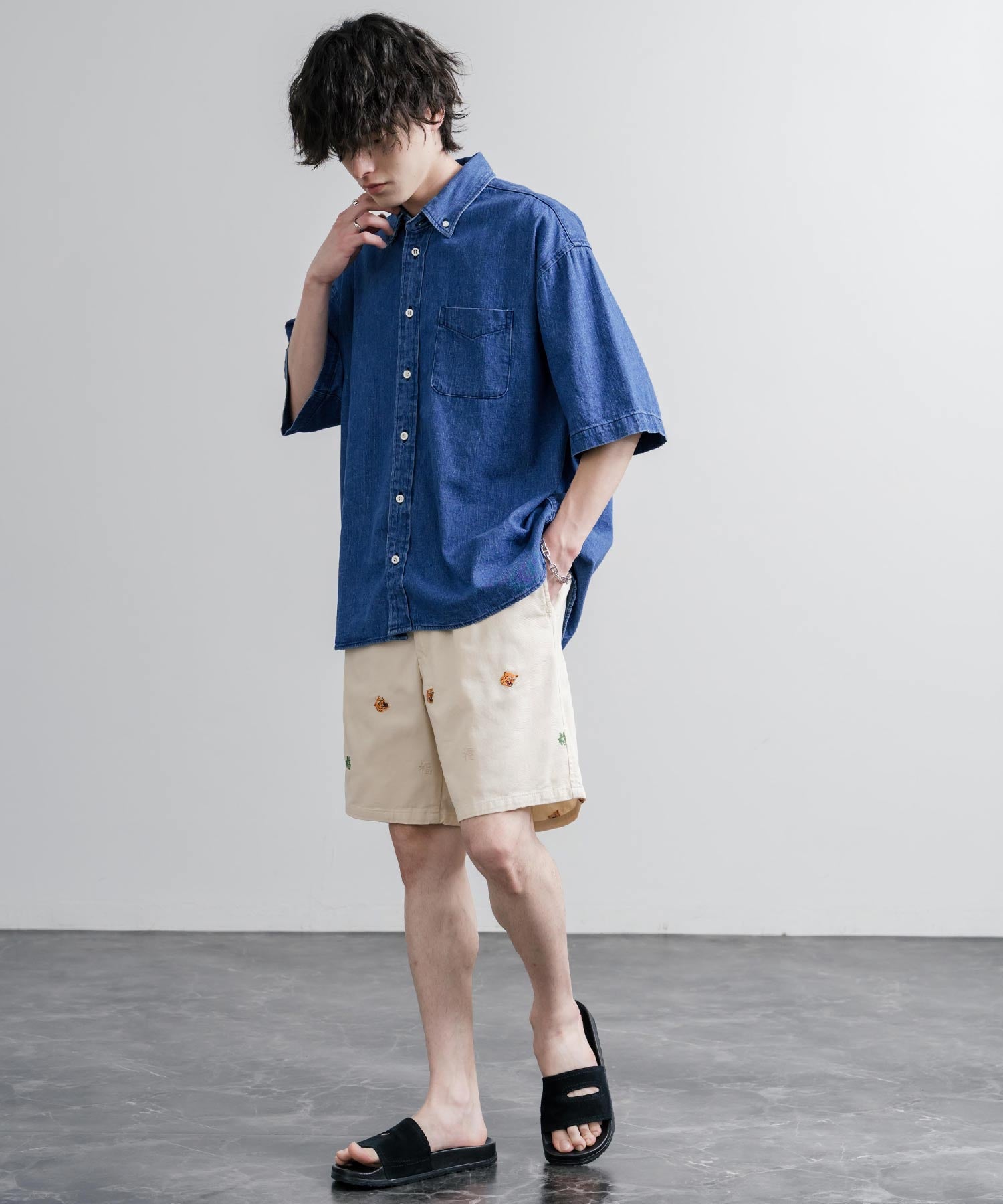 HOUSTON TWILL ALLOVER EMB EASY SHORTS コットンツイル総柄刺繍イージーワイドショートパンツ 16179