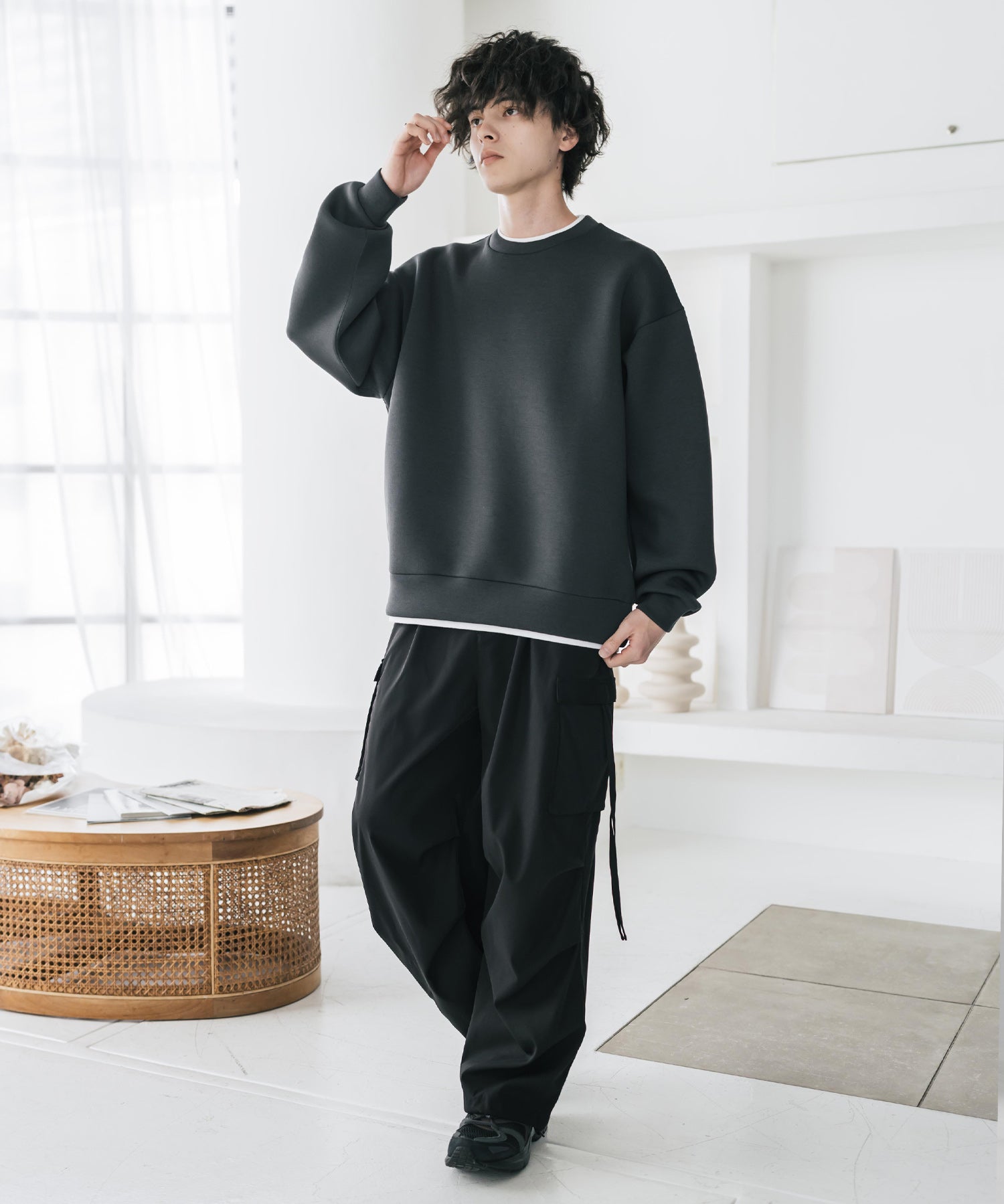 オーバーサイズダンボールニットフェイクレイヤードプルオーバートレーナー 16184
