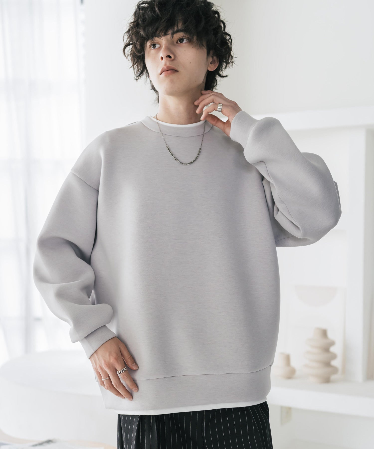 オーバーサイズダンボールニットフェイクレイヤードプルオーバートレーナー 16184