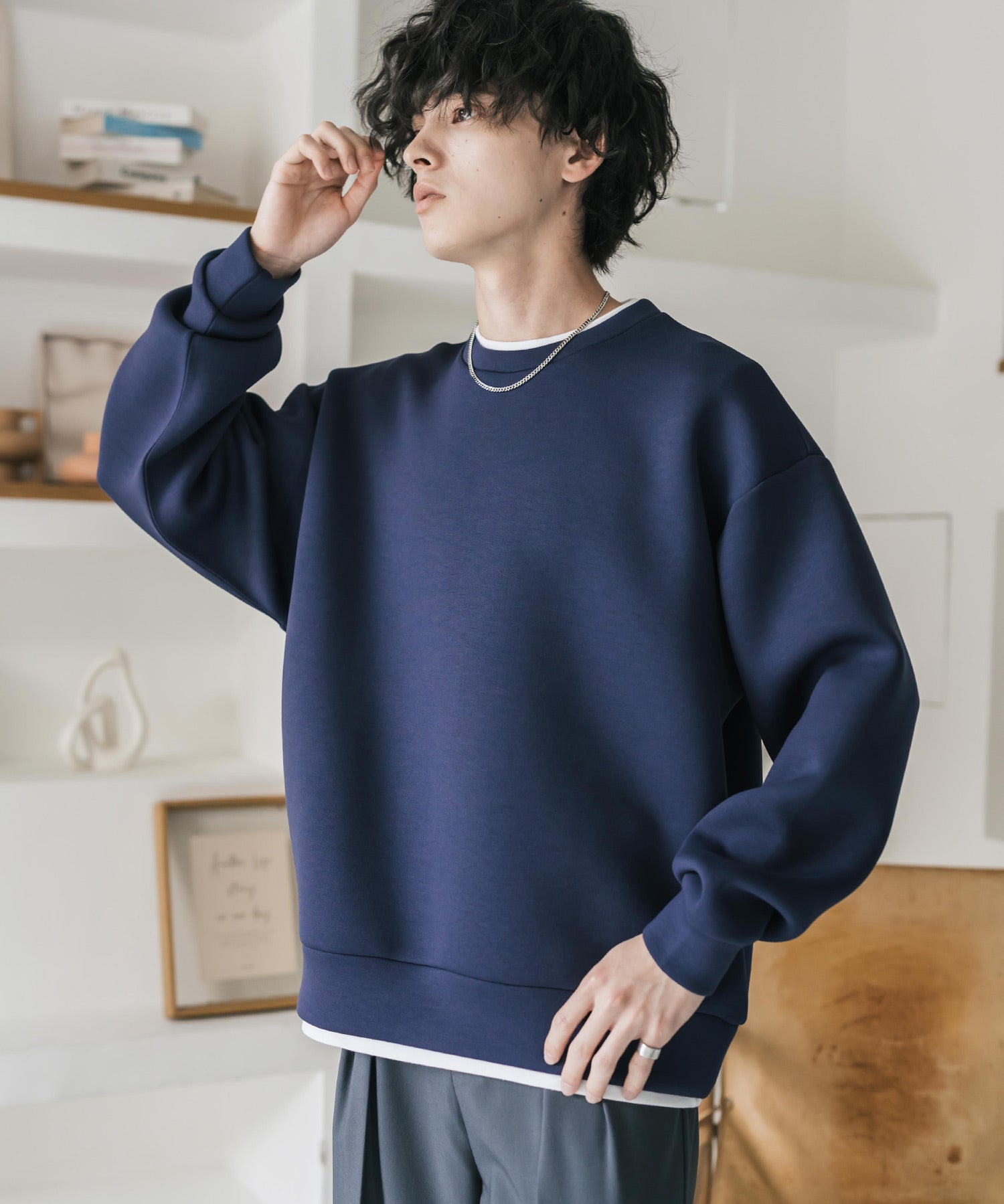 オーバーサイズダンボールニットフェイクレイヤードプルオーバートレーナー 16184