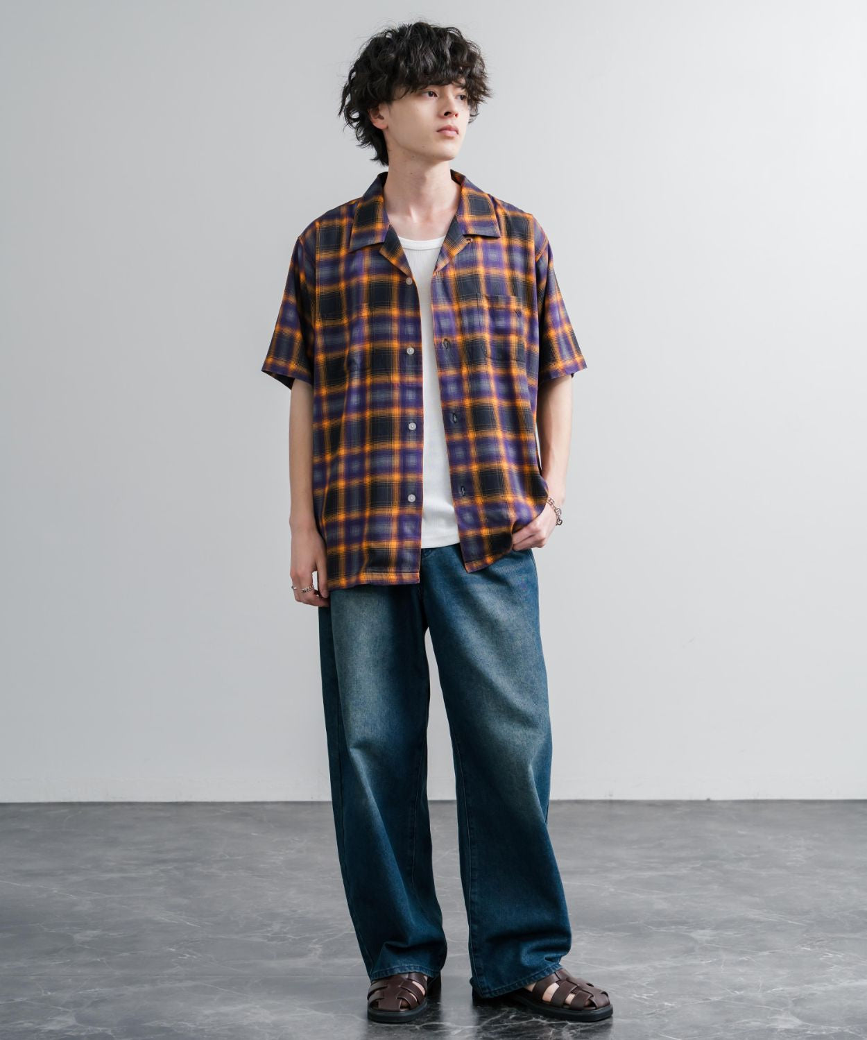 HOUSTON ヒューストン オーバーサイズオープンカラーオンブレチェック半袖シャツ 16201
