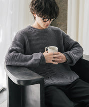 オーバーサイズ畦編みクルーネック長袖ニットセーター 16214