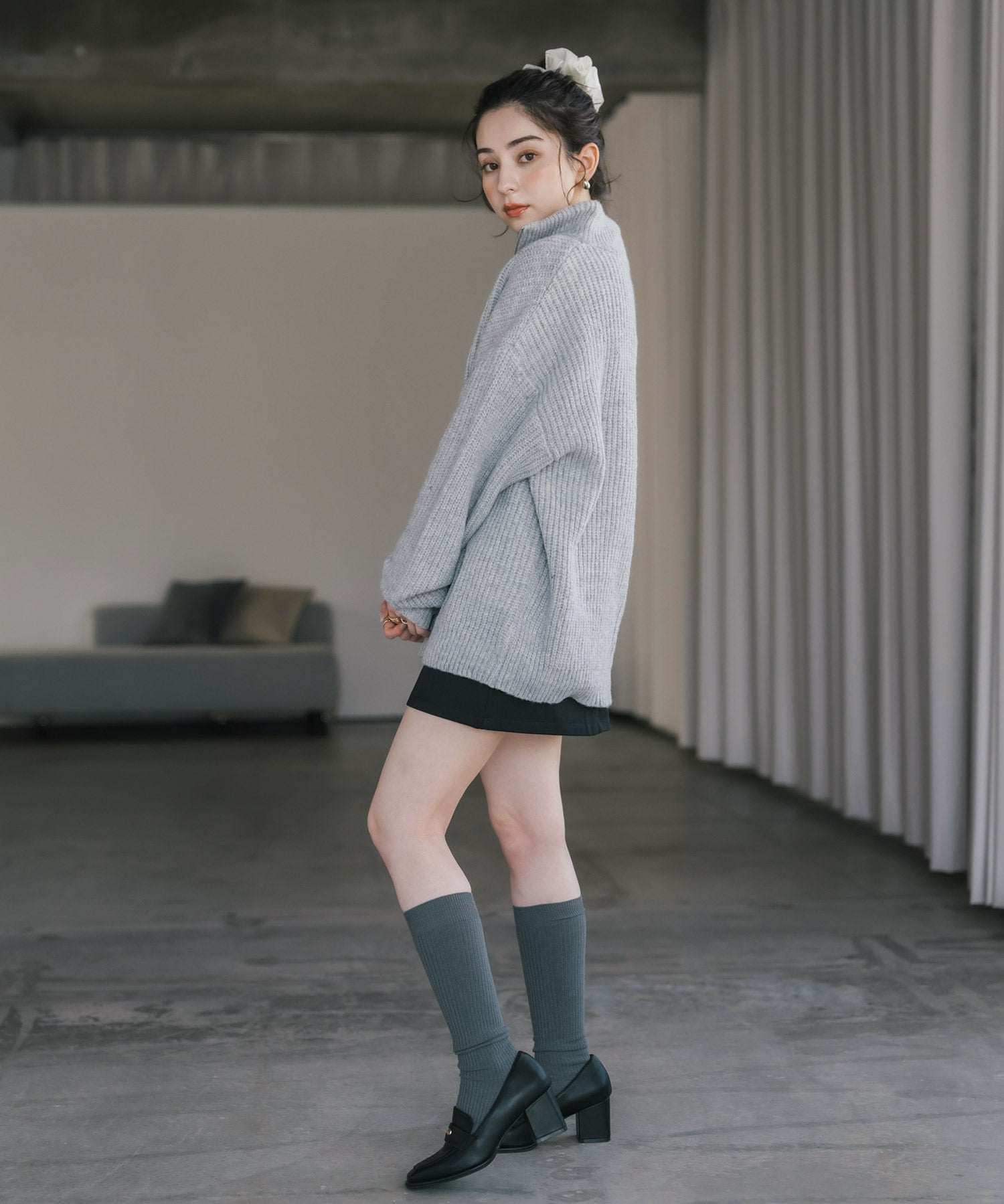オーバーサイズ畦編みハーフジップ長袖ニットセーター 16225