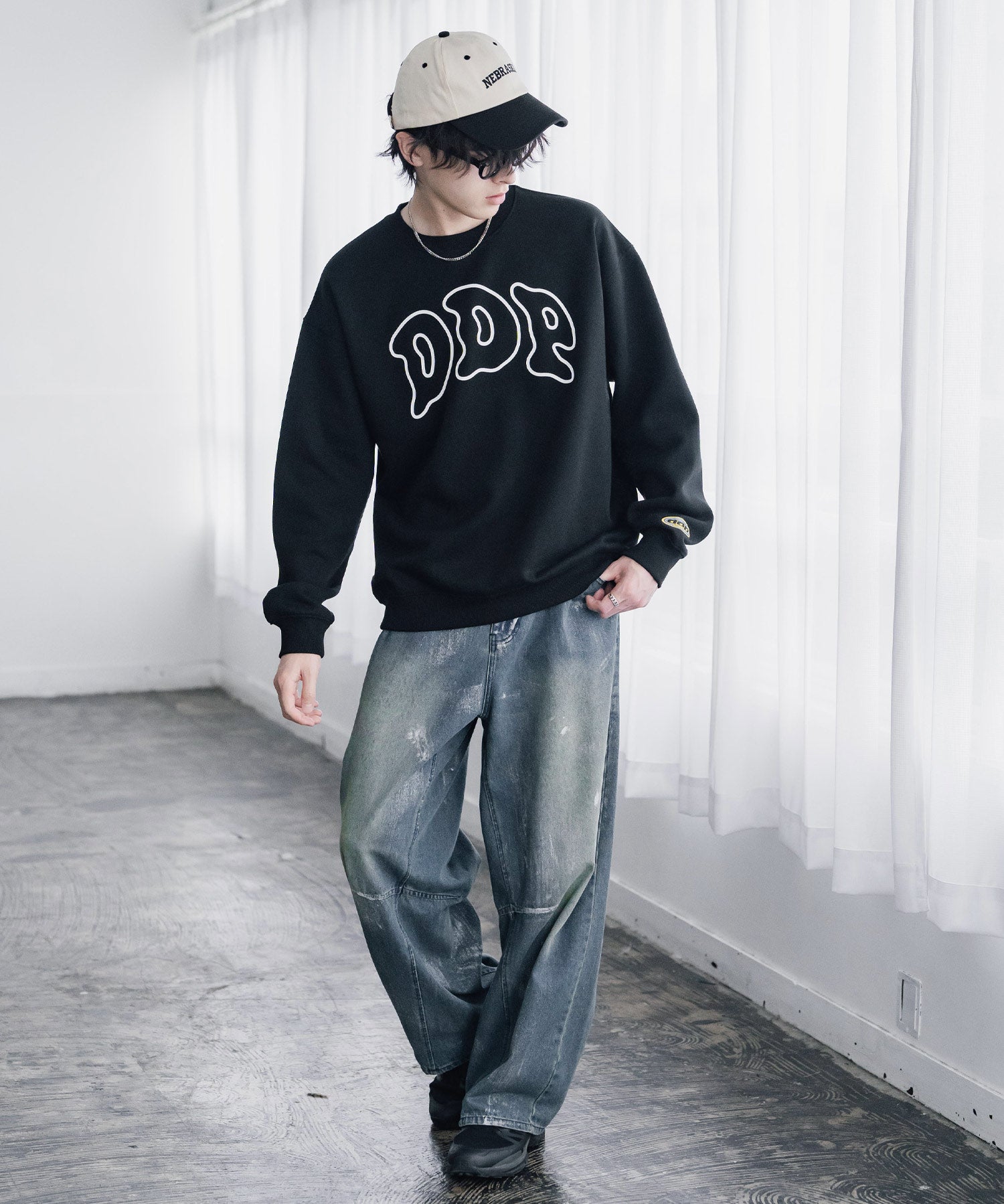 ddp ディーディーピー オーバーサイズグラフィックプリント裏起毛ロゴ刺繍クルーネック長袖トレーナースウェット 16247