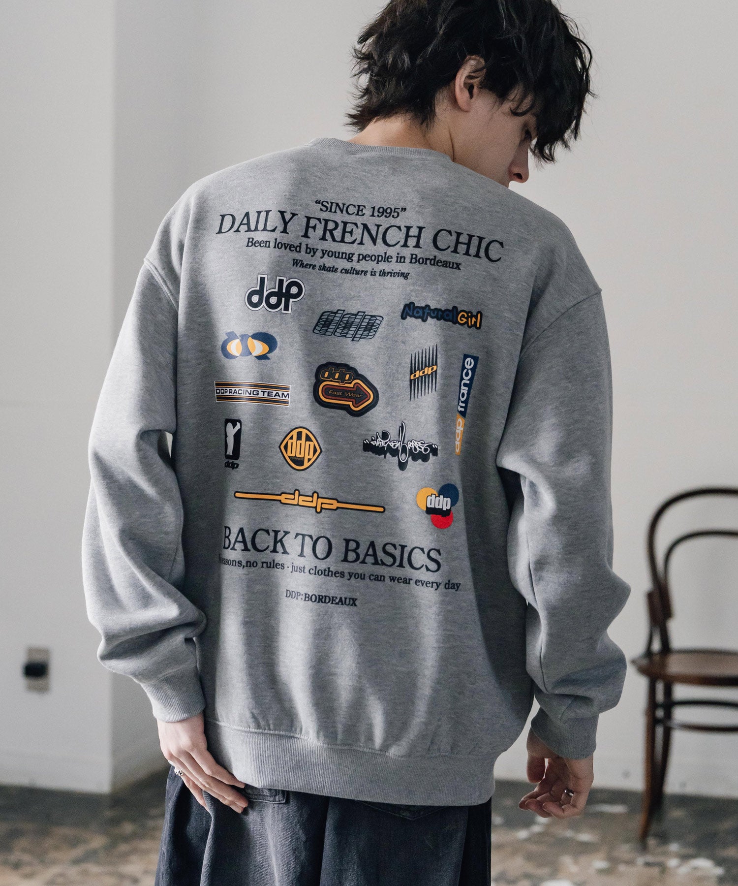ddp ディーディーピー オーバーサイズグラフィックプリント裏起毛ロゴ刺繍クルーネック長袖トレーナースウェット 16247