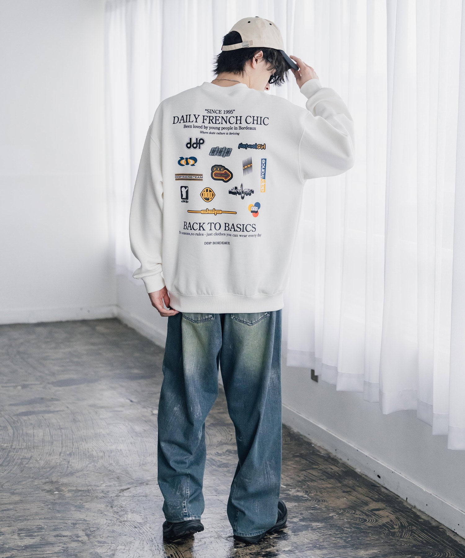 ddp ディーディーピー オーバーサイズグラフィックプリント裏起毛ロゴ刺繍クルーネック長袖トレーナースウェット 16247