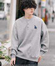 MLB メジャーリーグベースボール NYY LAD SD 別注 オーバーサイズ裏起毛ヘンリーネックスウェット/ワンポイントロゴ刺繍ハーフボタントレーナー 16320