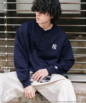 MLB メジャーリーグベースボール NYY LAD SD 別注 オーバーサイズ裏起毛ヘンリーネックスウェット/ワンポイントロゴ刺繍ハーフボタントレーナー 16320