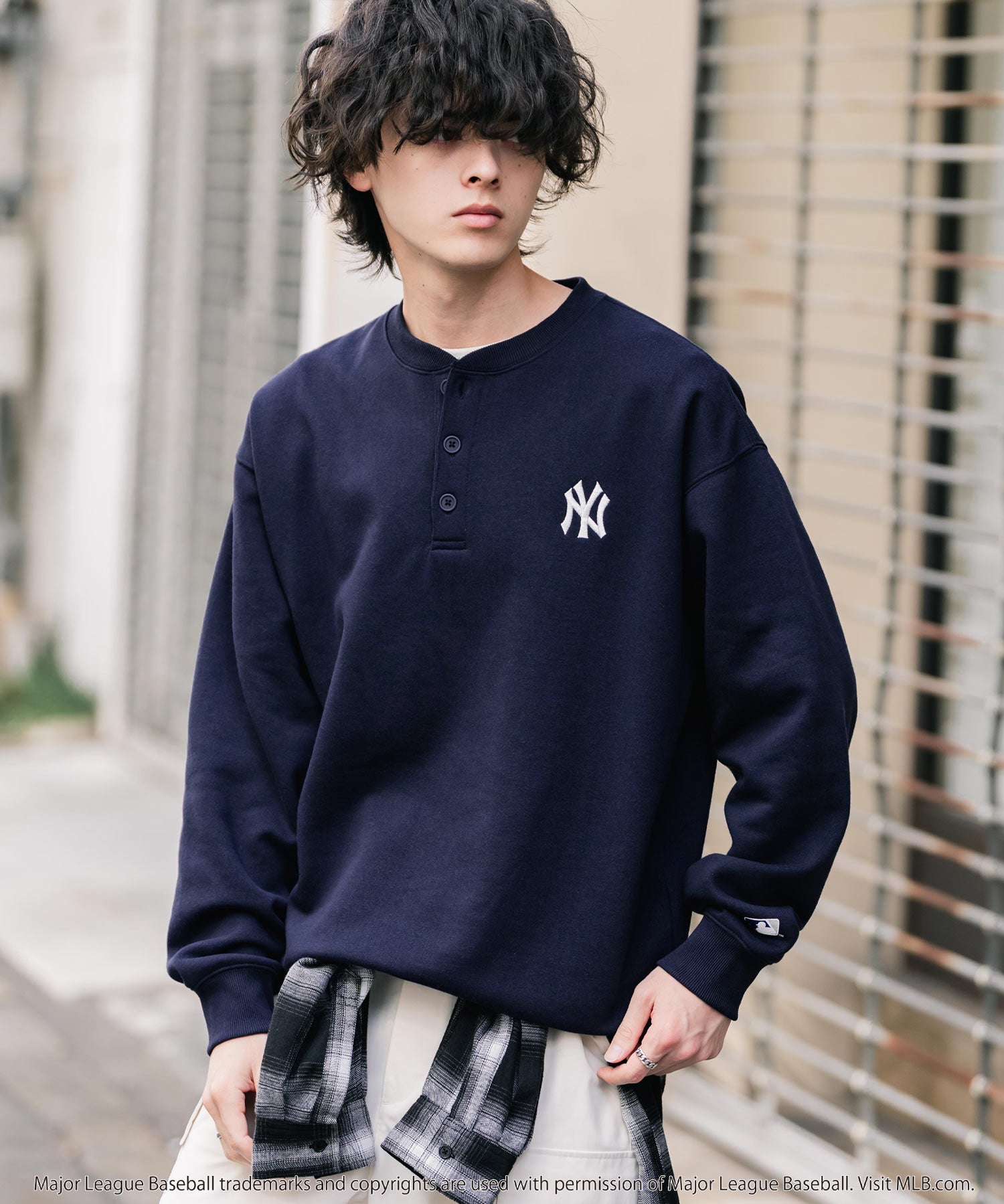 MLB メジャーリーグベースボール NYY LAD SD 別注 オーバーサイズ裏起毛ヘンリーネックスウェット/ワンポイントロゴ刺繍ハーフボタントレーナー 16320