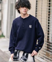 MLB メジャーリーグベースボール NYY LAD SD 別注 オーバーサイズ裏起毛ヘンリーネックスウェット/ワンポイントロゴ刺繍ハーフボタントレーナー 16320