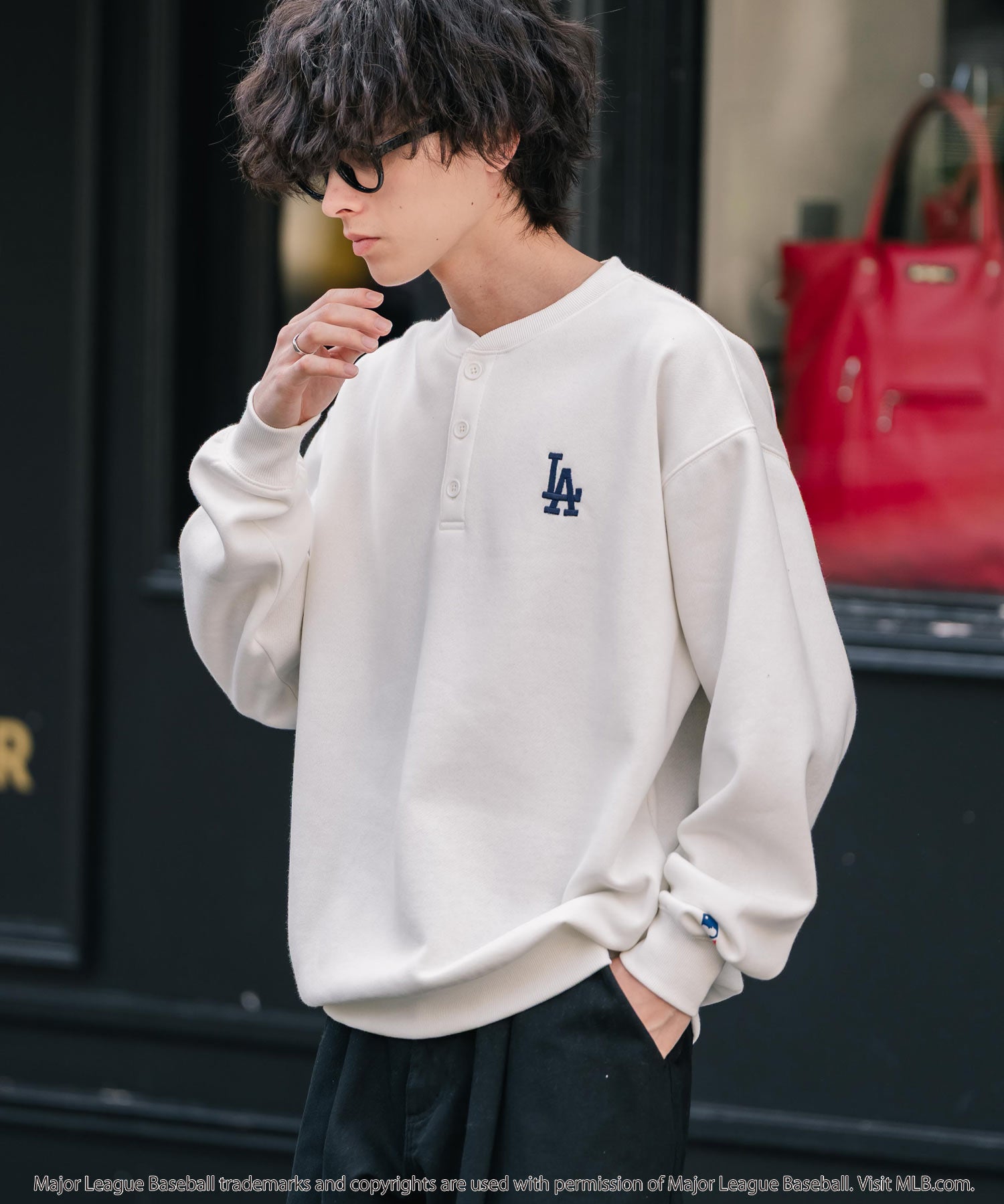 MLB メジャーリーグベースボール NYY LAD SD 別注 オーバーサイズ裏起毛ヘンリーネックスウェット/ワンポイントロゴ刺繍ハーフボタントレーナー 16320