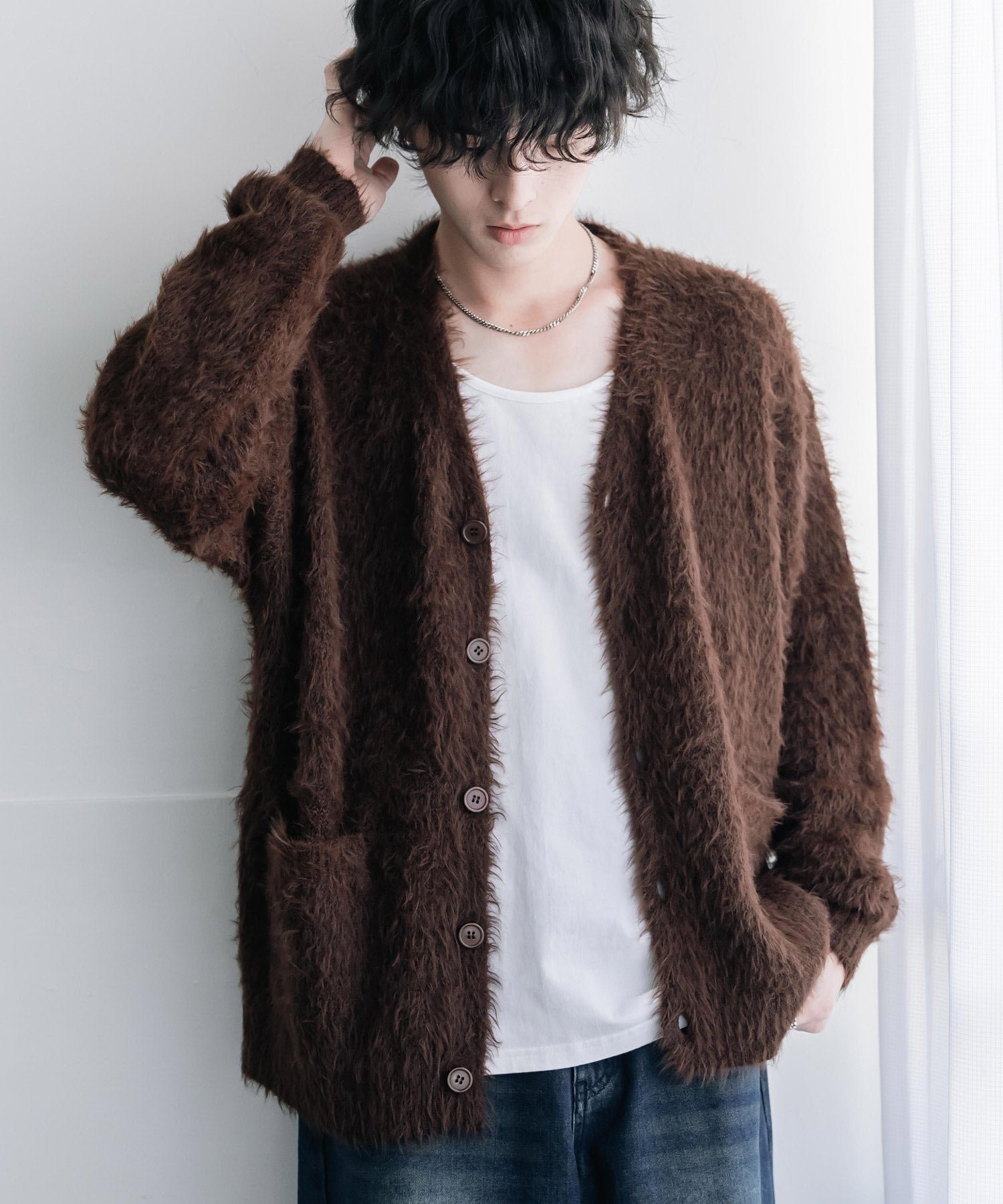 オーバーサイズ モヘアライクVネックボリュームシャギーニットカーディガン 16391