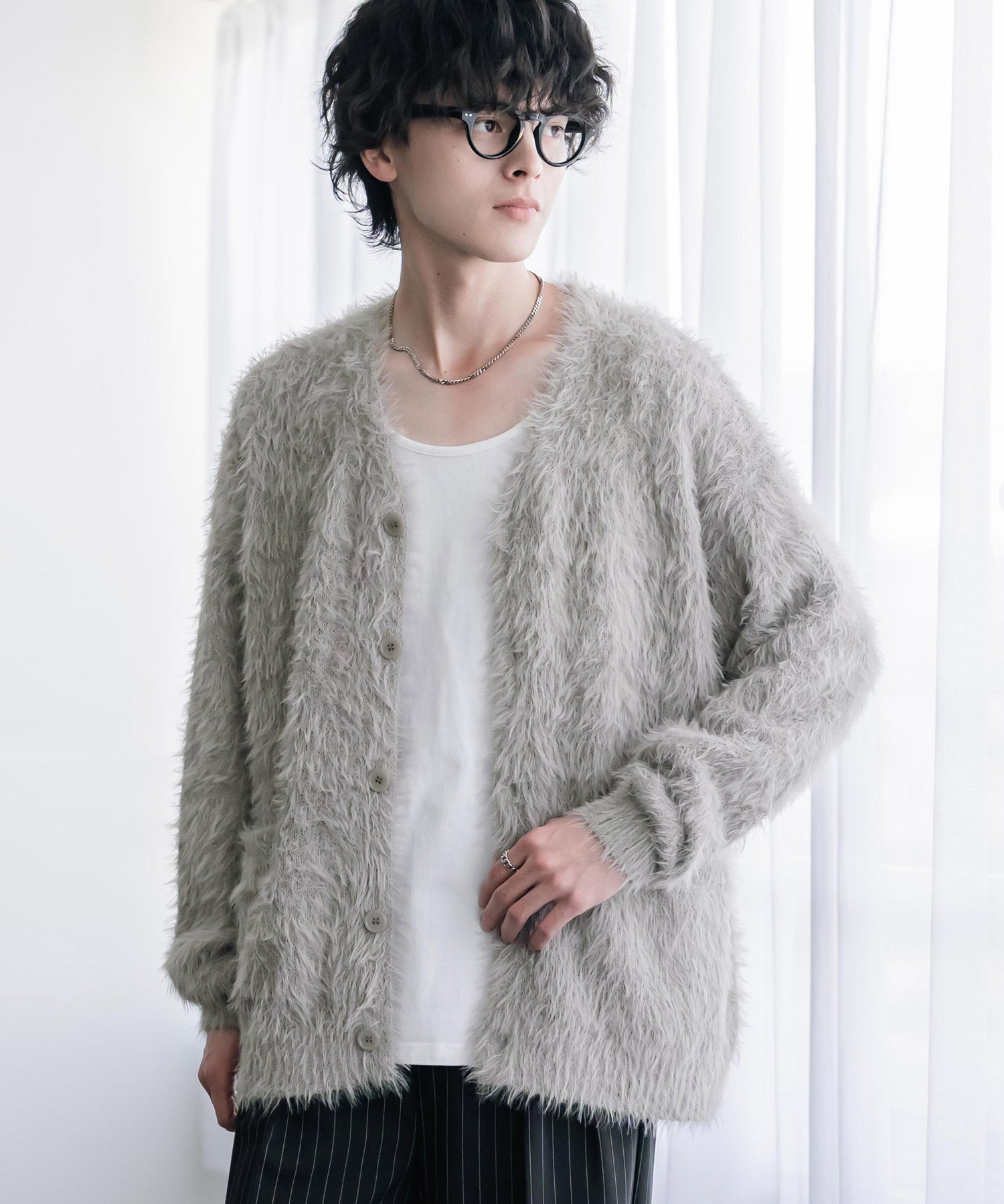 オーバーサイズ モヘアライクVネックボリュームシャギーニットカーディガン 16391
