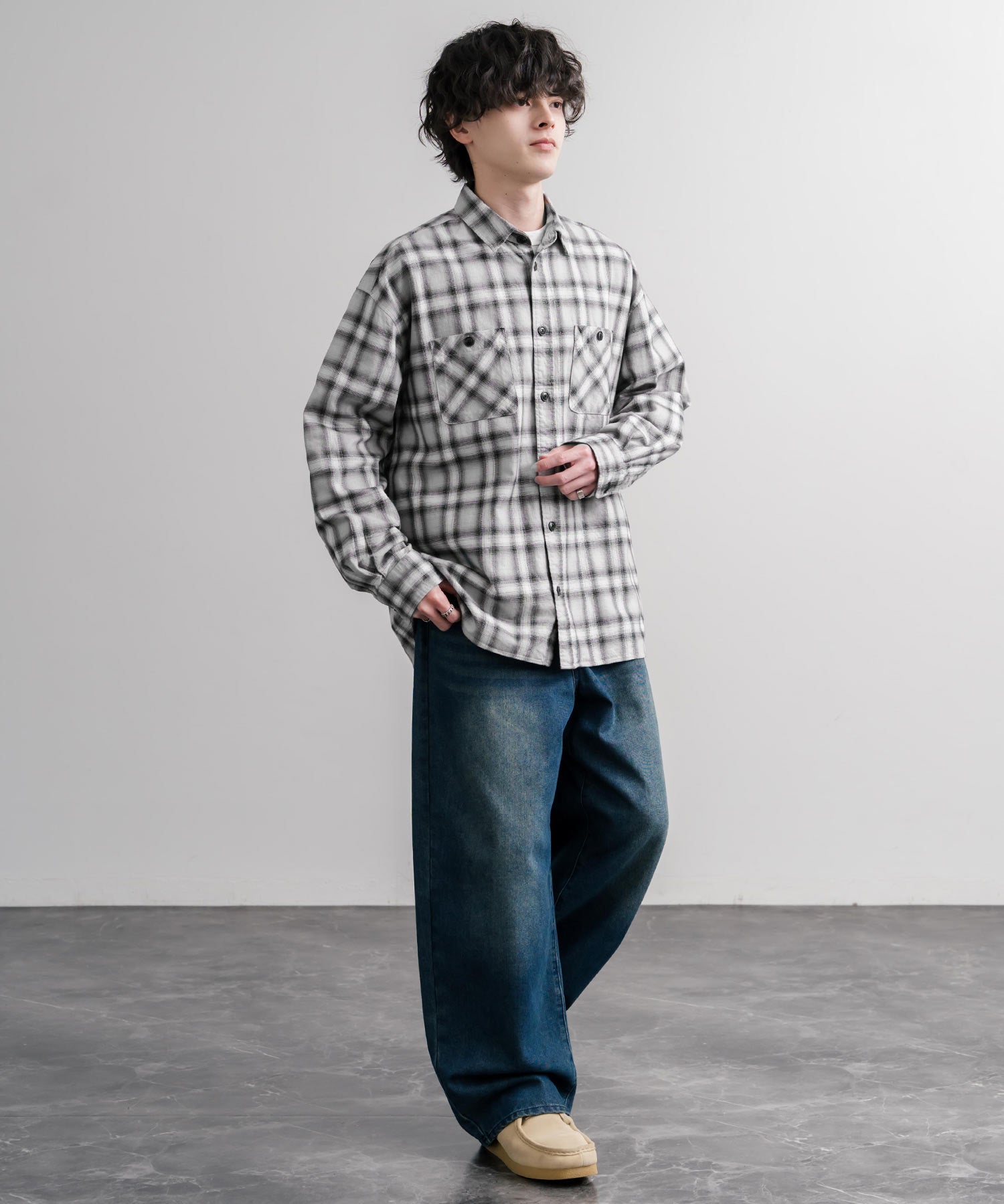 Upscape Audience アップスケープオーディエンス 日本製国産コットンソフトフランネルオンブレチェックWポケボクシーAライン長袖シャツ AUD6763 16398