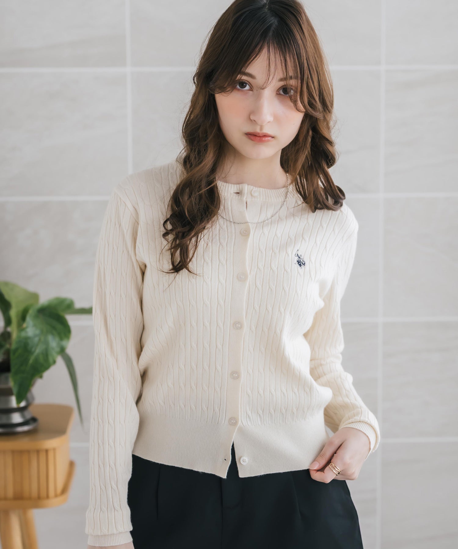 U.S. POLO ASSN. ユーエスポロアッスン W's ワンポイントロゴ刺繍ケーブルニット長袖カーディガン 16456