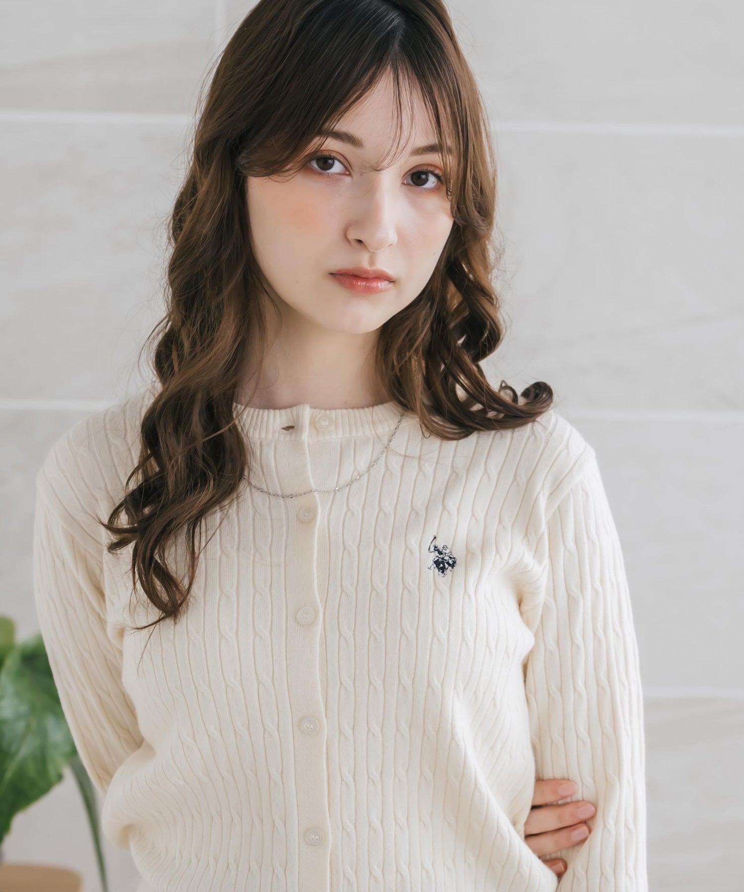 U.S. POLO ASSN. ユーエスポロアッスン W's ワンポイントロゴ刺繍ケーブルニット長袖カーディガン 16456