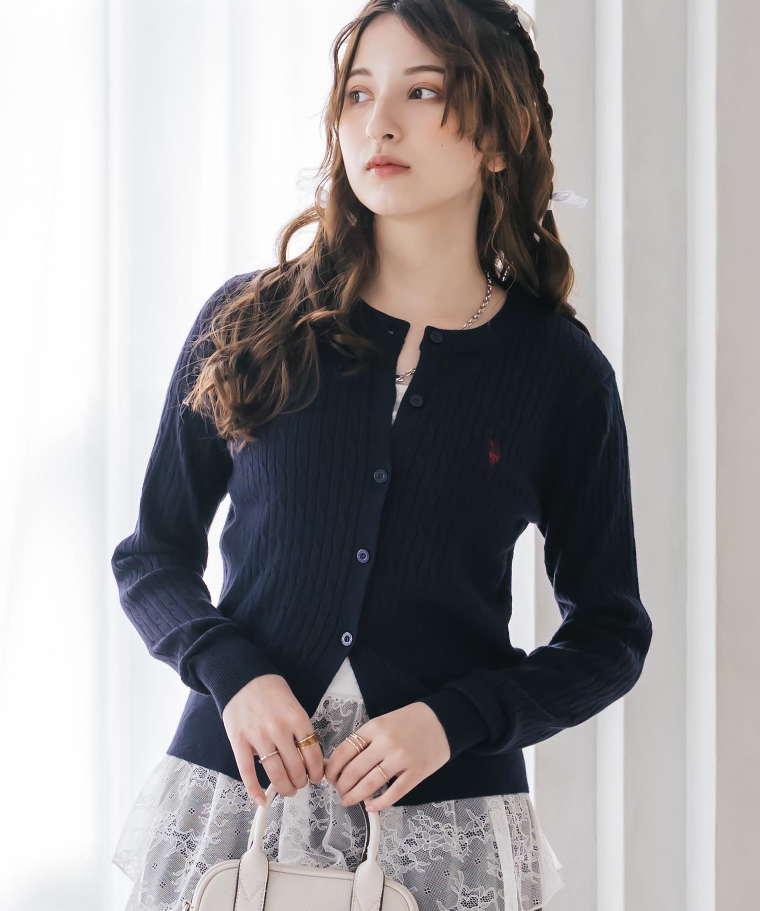 U.S. POLO ASSN. ユーエスポロアッスン W's ワンポイントロゴ刺繍ケーブルニット長袖カーディガン 16456
