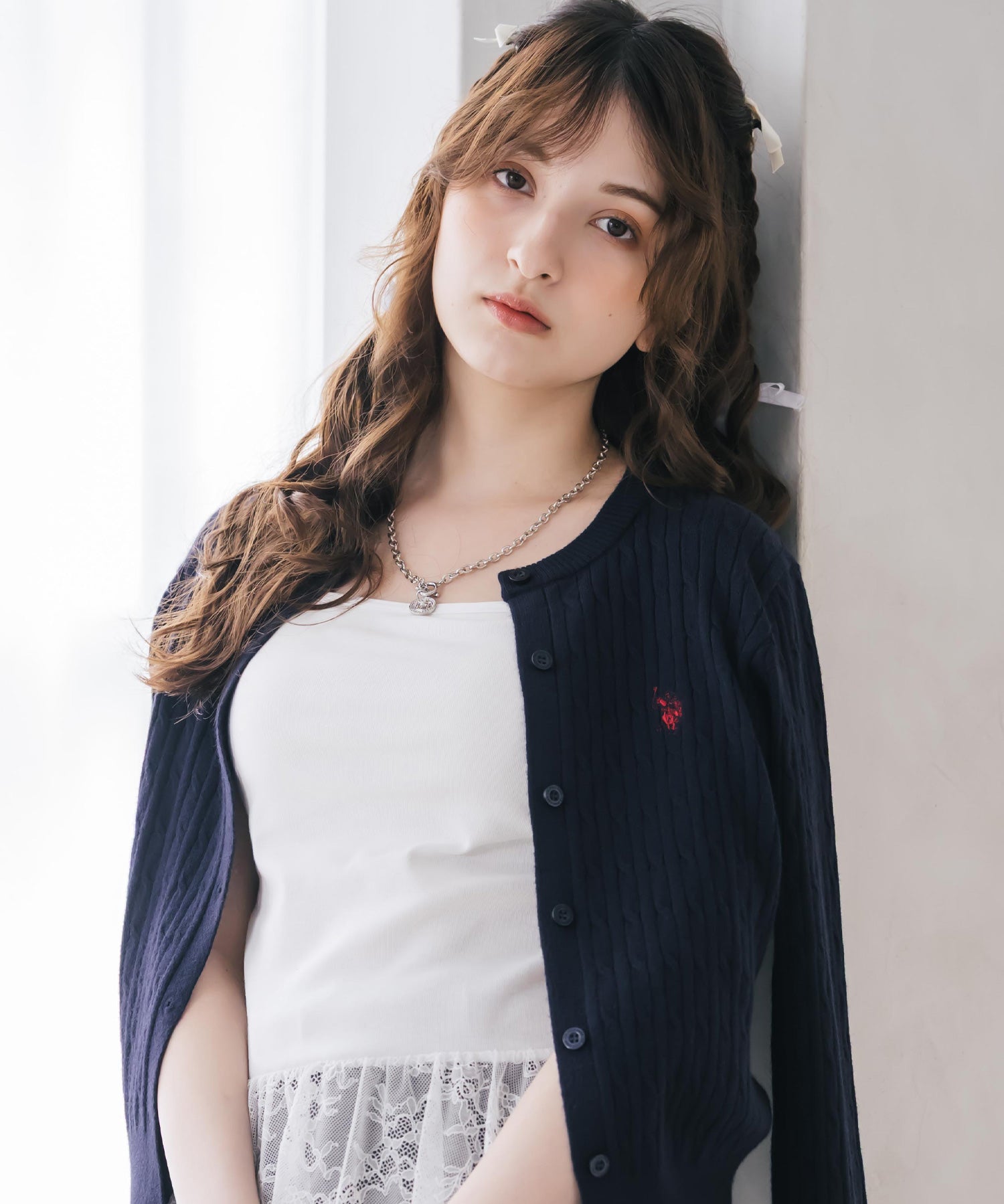 U.S. POLO ASSN. ユーエスポロアッスン W's ワンポイントロゴ刺繍ケーブルニット長袖カーディガン 16456