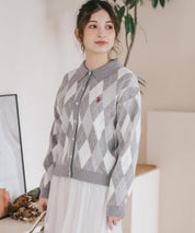 U.S. POLO ASSN. ユーエスポロアッスン W's ワンポイントロゴ刺繍アーガイル柄襟付き長袖ニットカーディガン 16457