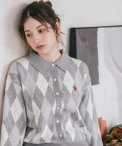 U.S. POLO ASSN. ユーエスポロアッスン W's ワンポイントロゴ刺繍アーガイル柄襟付き長袖ニットカーディガン 16457