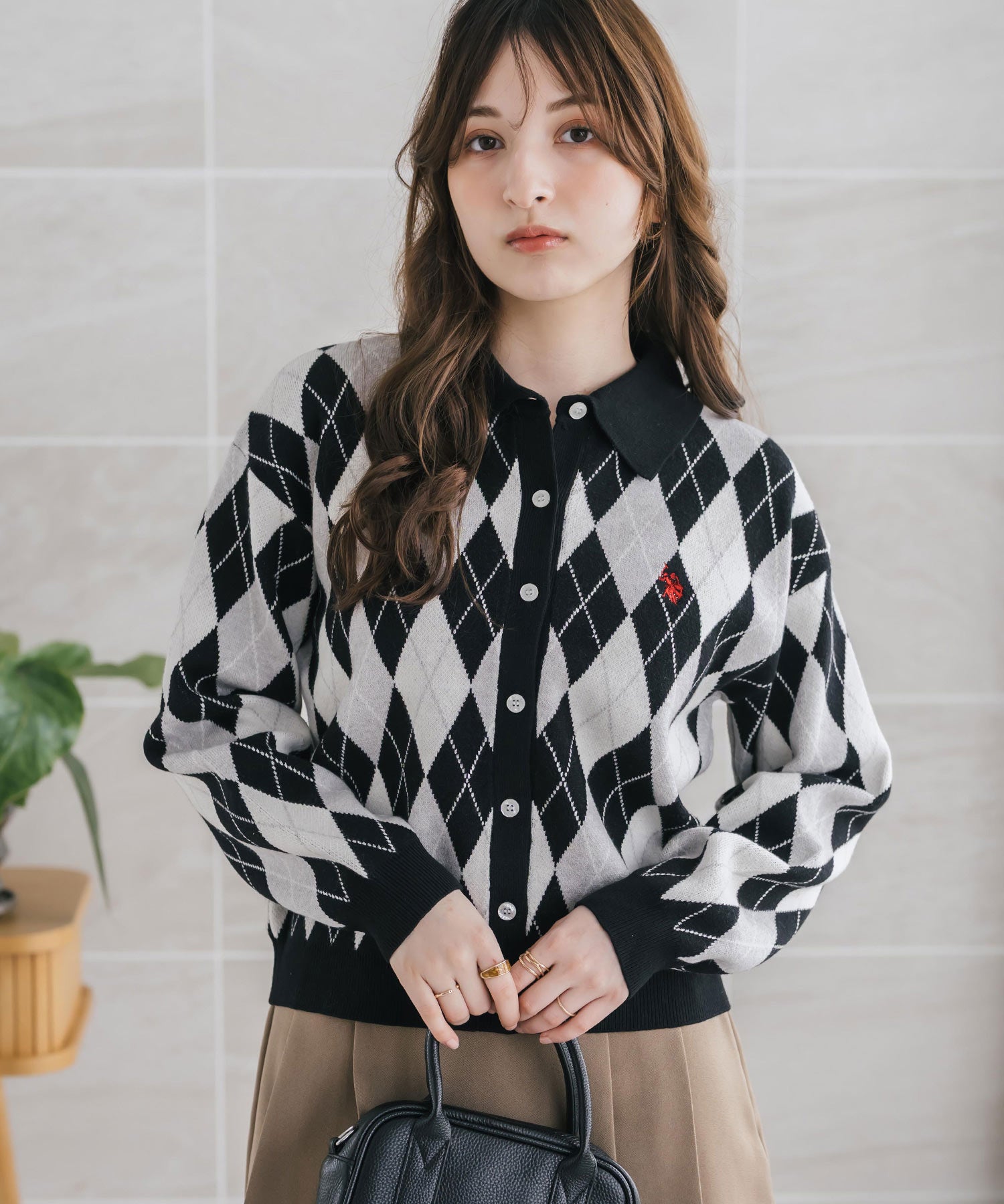 U.S. POLO ASSN. ユーエスポロアッスン W's ワンポイントロゴ刺繍アーガイル柄襟付き長袖ニットカーディガン 16457