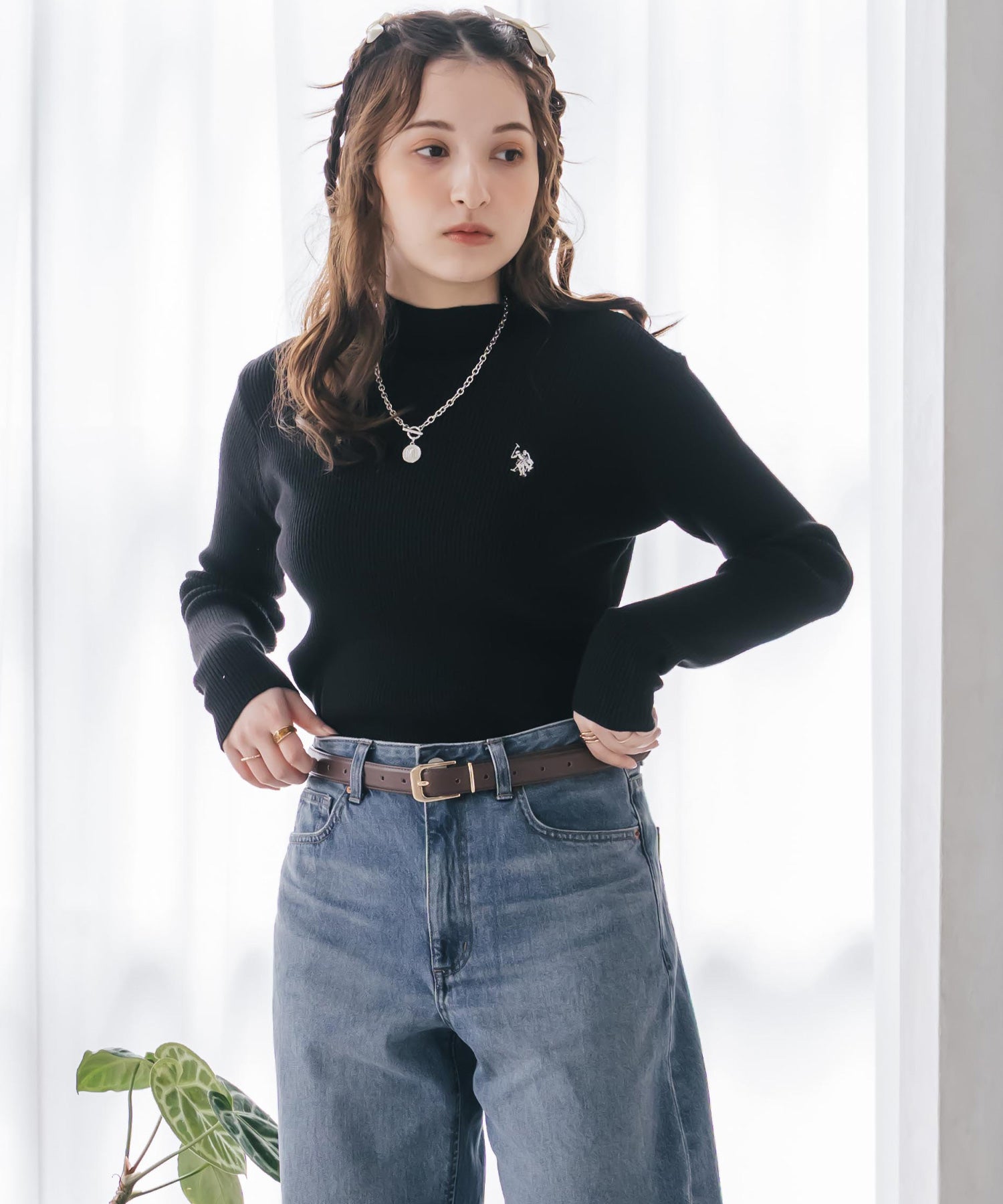 U.S. POLO ASSN. ユーエスポロアッスン W's ワンポイントロゴ刺繍リブハイネック長袖ニット 16458