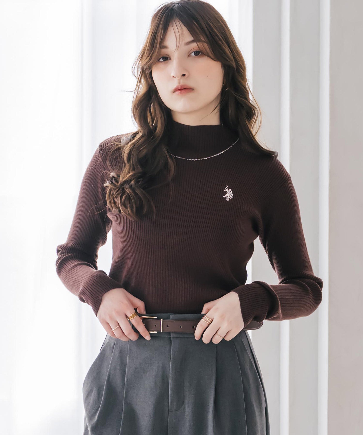 U.S. POLO ASSN. ユーエスポロアッスン W's ワンポイントロゴ刺繍リブハイネック長袖ニット 16458
