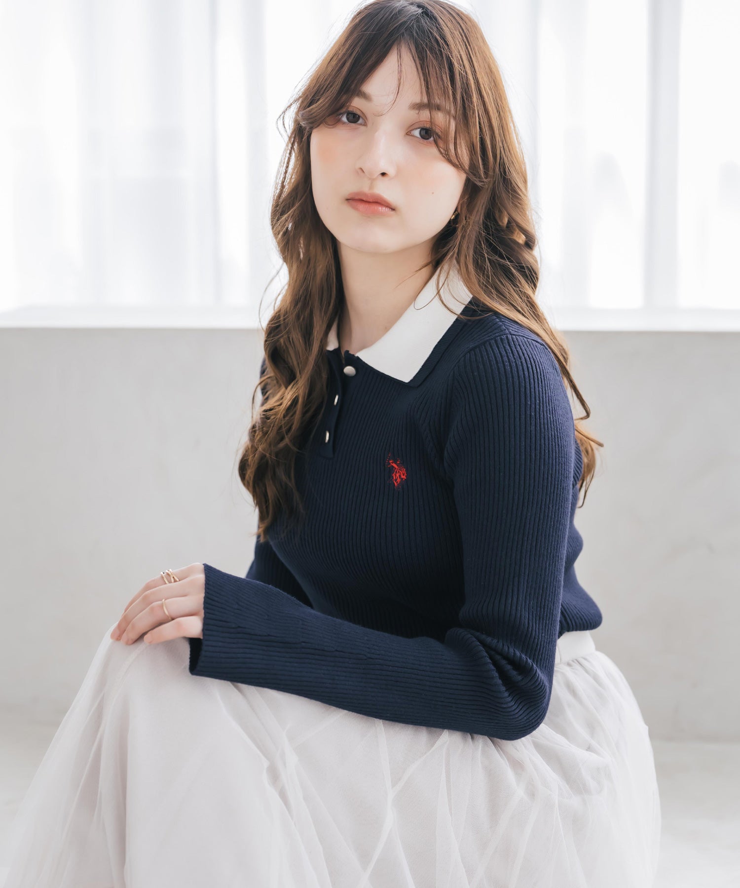 U.S.POLO ASSN. ユーエスポロアッスン バイカラー2重衿ワンポイントロゴ刺繍フレアスリーブニットポロシャツ 16459