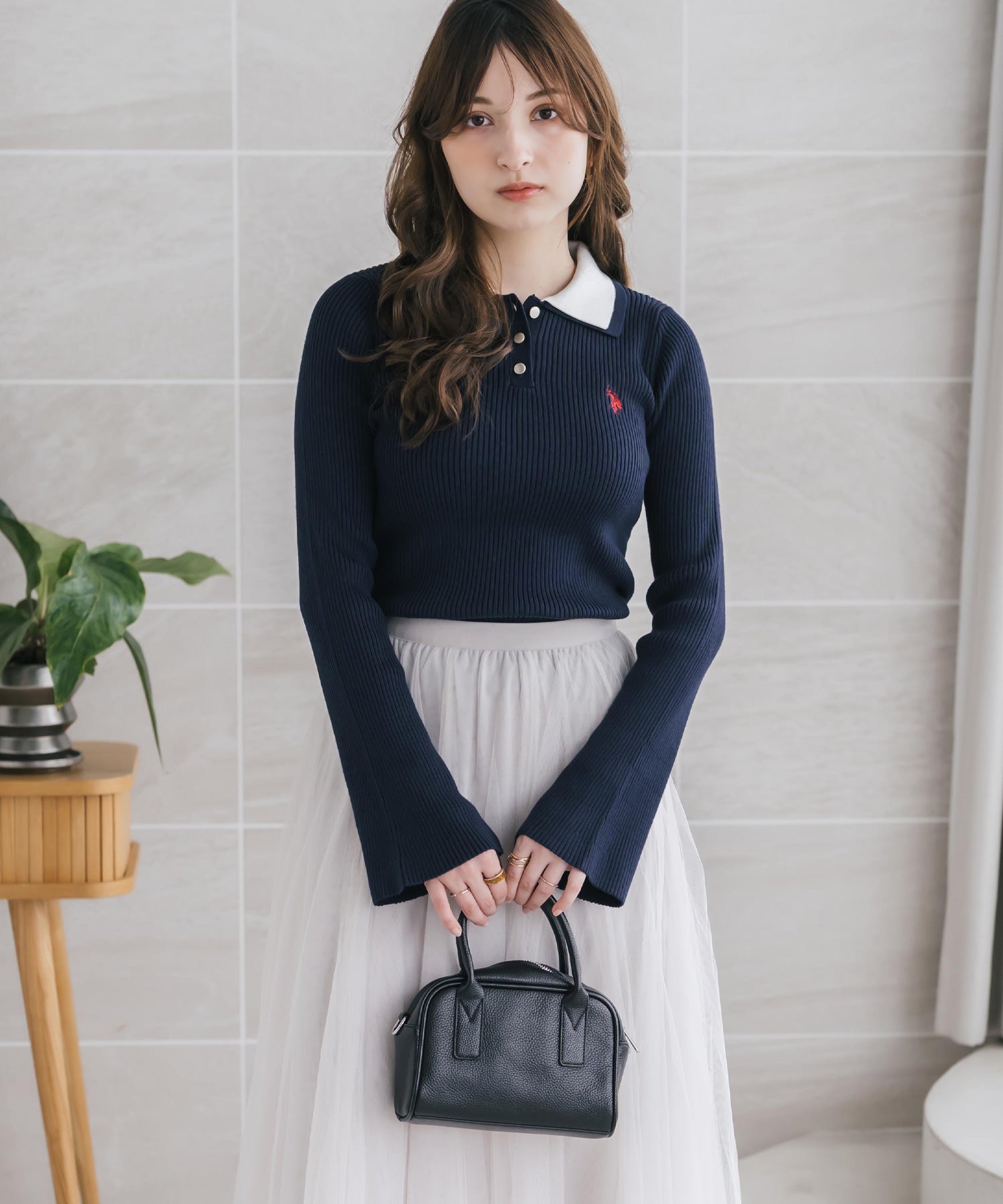 U.S.POLO ASSN. ユーエスポロアッスン バイカラー2重衿ワンポイントロゴ刺繍フレアスリーブニットポロシャツ 16459