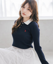 U.S.POLO ASSN. ユーエスポロアッスン バイカラー2重衿ワンポイントロゴ刺繍フレアスリーブニットポロシャツ 16459