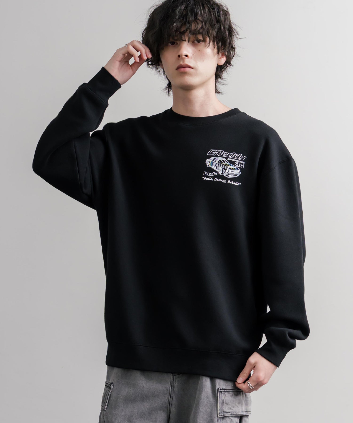 HUF ハフ オーバーサイズ裏起毛アソートプリント刺繍クルーネック長袖トレーナー 16462