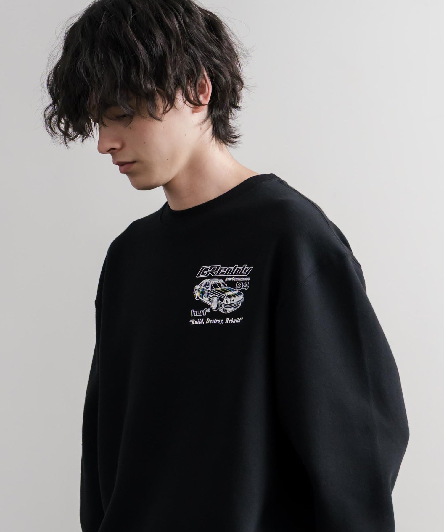 HUF ハフ オーバーサイズ裏起毛アソートプリント刺繍クルーネック長袖トレーナー 16462